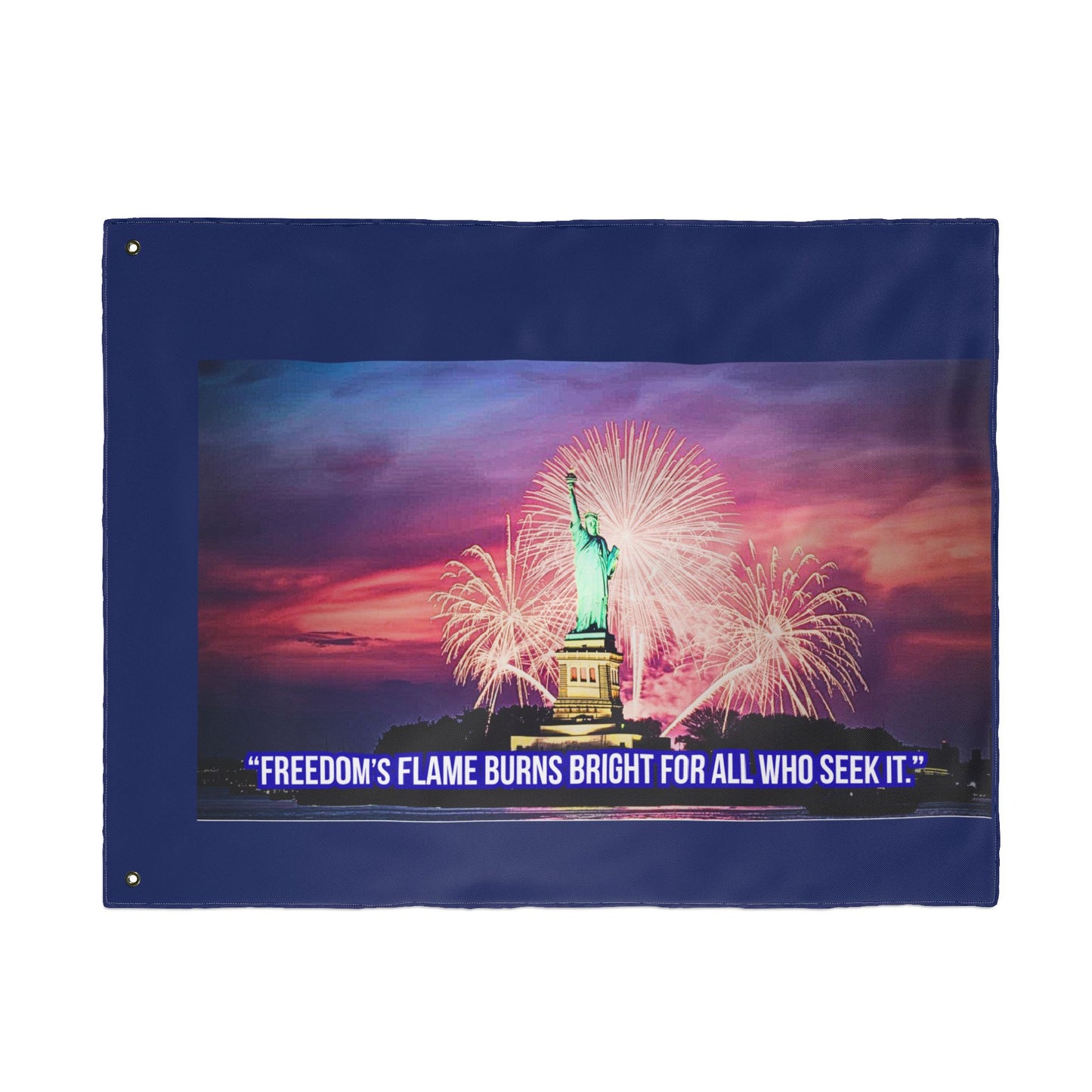 Double-Sided Flag - Statue of Liberty Fireworks Design with Quote "Freedom's Flame Burns Bright For All Who Seek It" — Patriotic [...]
