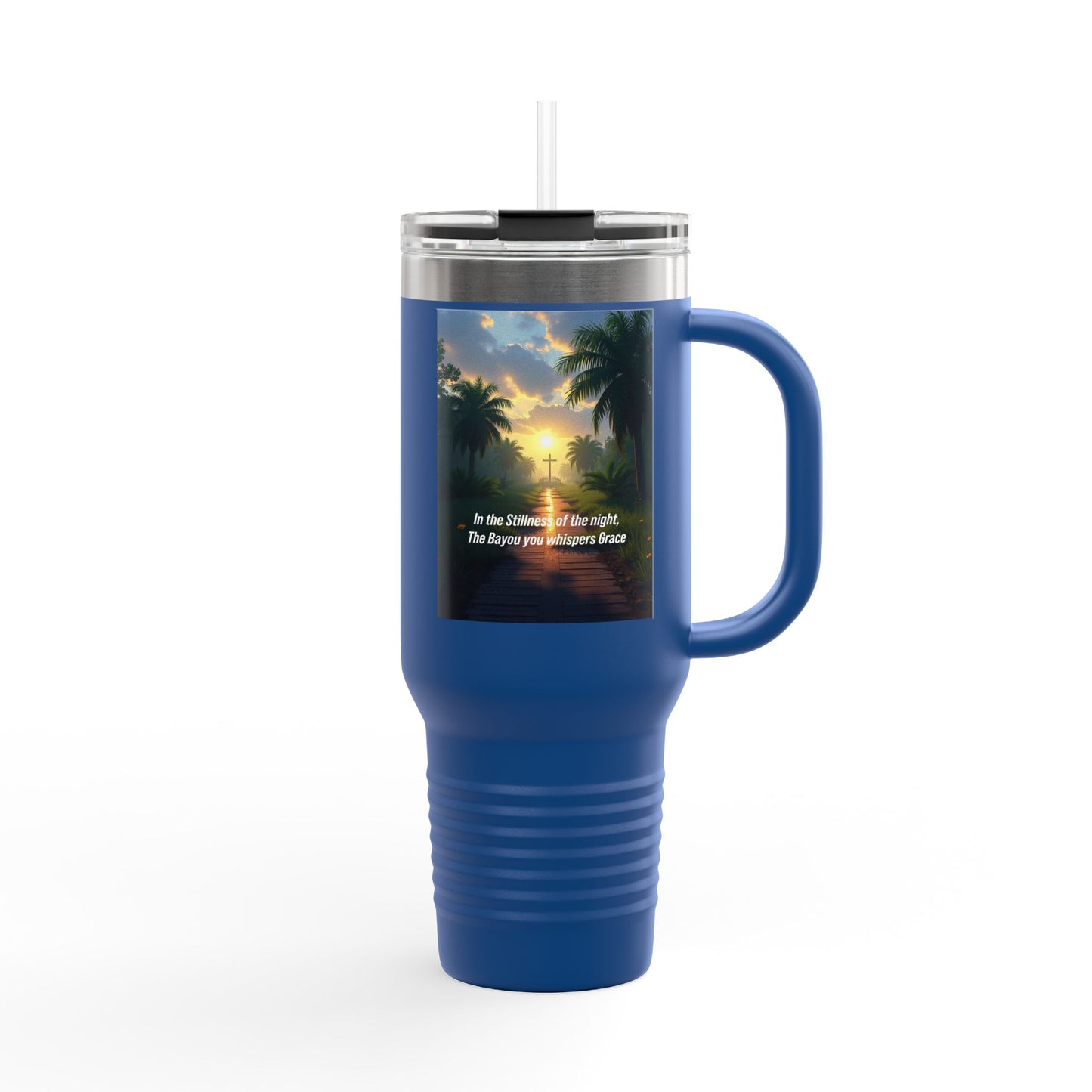 40oz Insulated Travel Mug — Tropical Sunset Design with Inspirational Quote