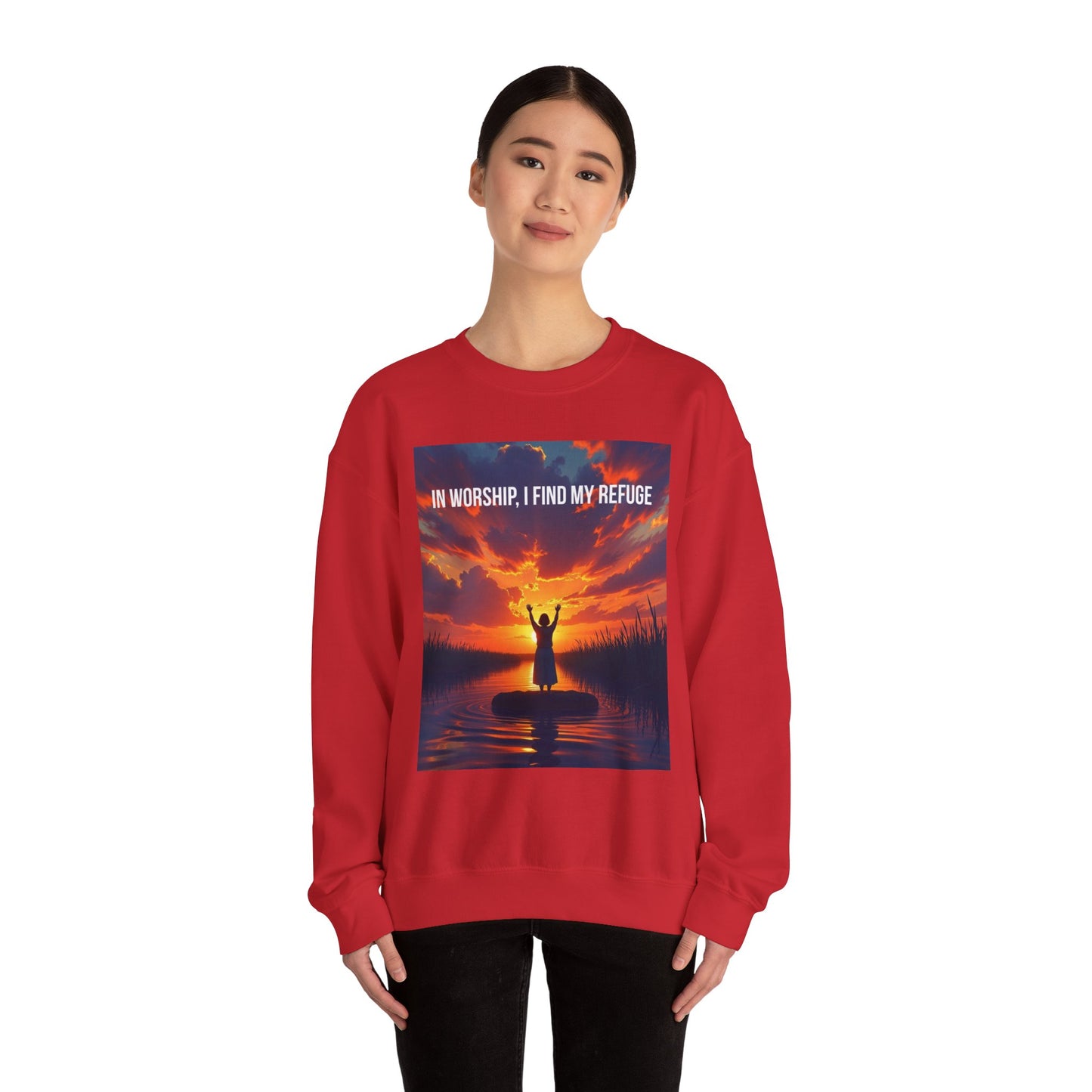 Worship Refuge Crewneck Sweatshirt — "In Worship, I Find My Refuge" Inspirational Faith Sweatshirt