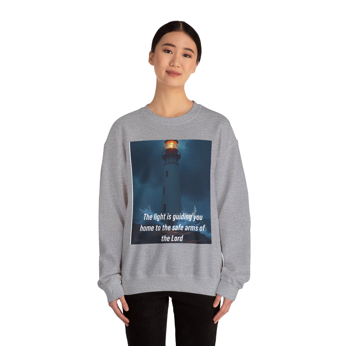 Faith Lighthouse Sweatshirt — "The light is guiding you home to the safe arms of the Lord"