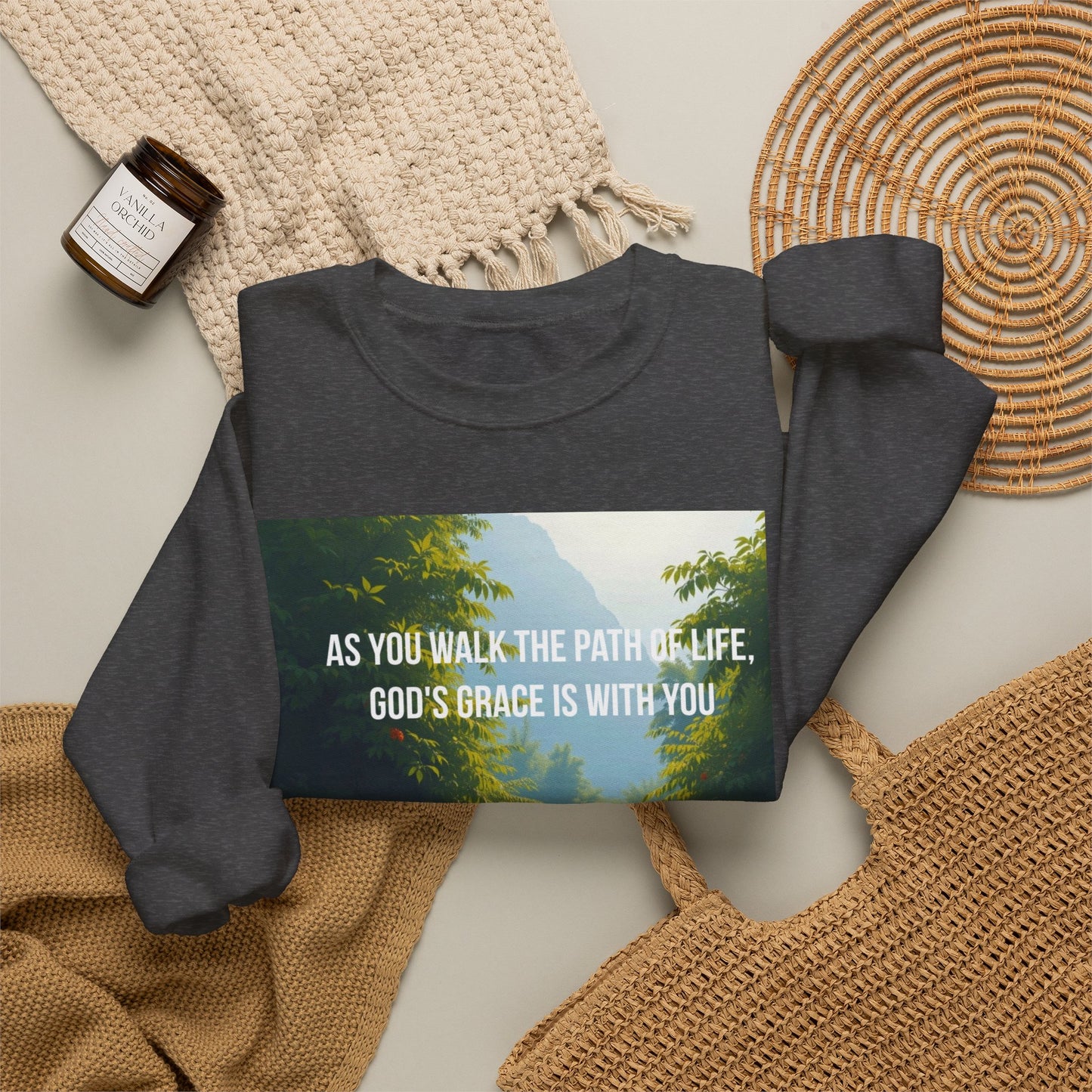 Crewneck Sweatshirt — "As You Walk the Path of Life, God’s Grace Is With You" Inspirational Christian Sweatshirt