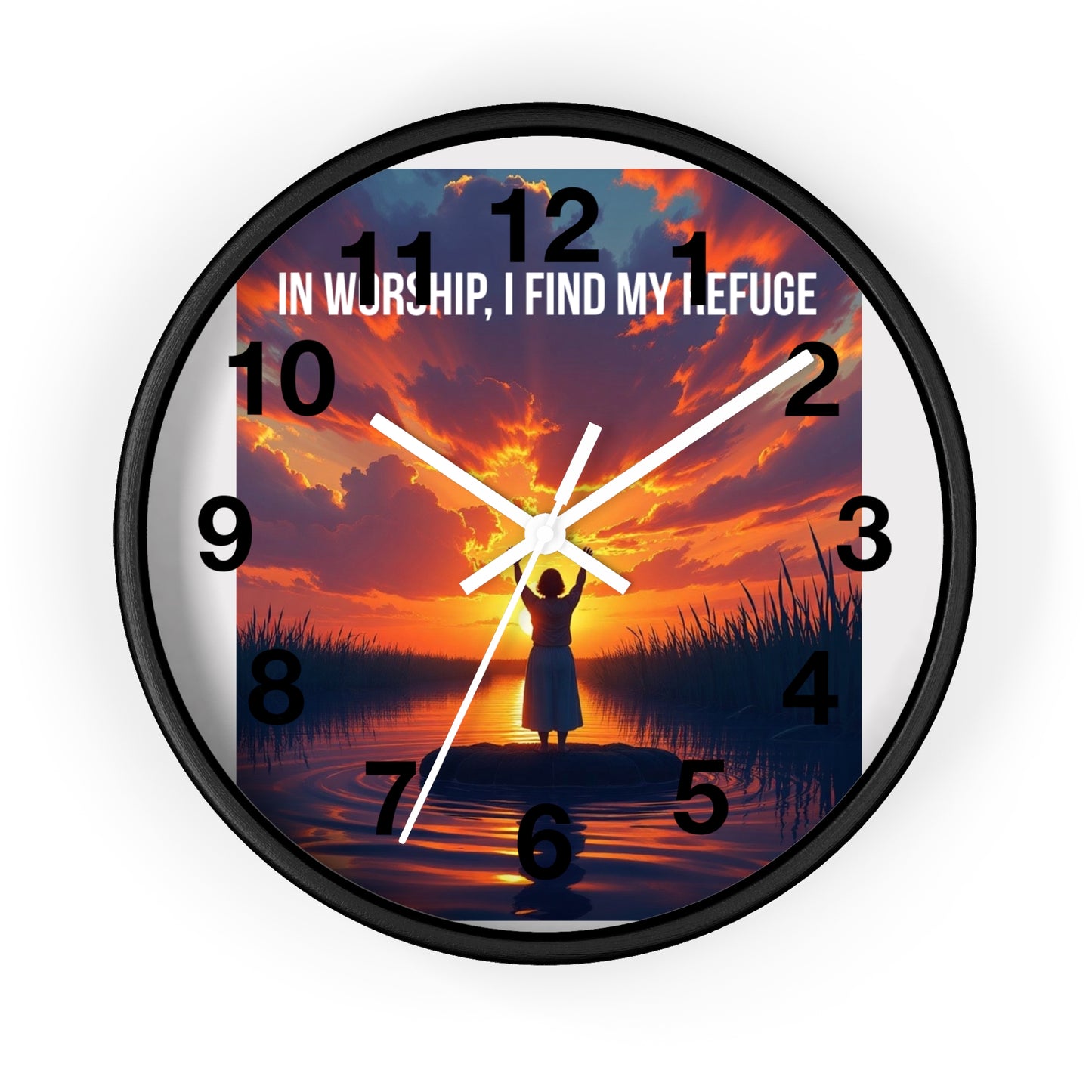 Wall Clock — "In Worship, I Find My Refuge" Sunset Silhouette Christian Clock