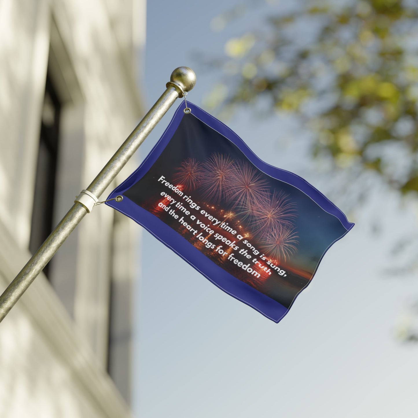 Patriotic Fireworks Flag — "Freedom rings every time a song is sung" Double-Sided Garden Flag