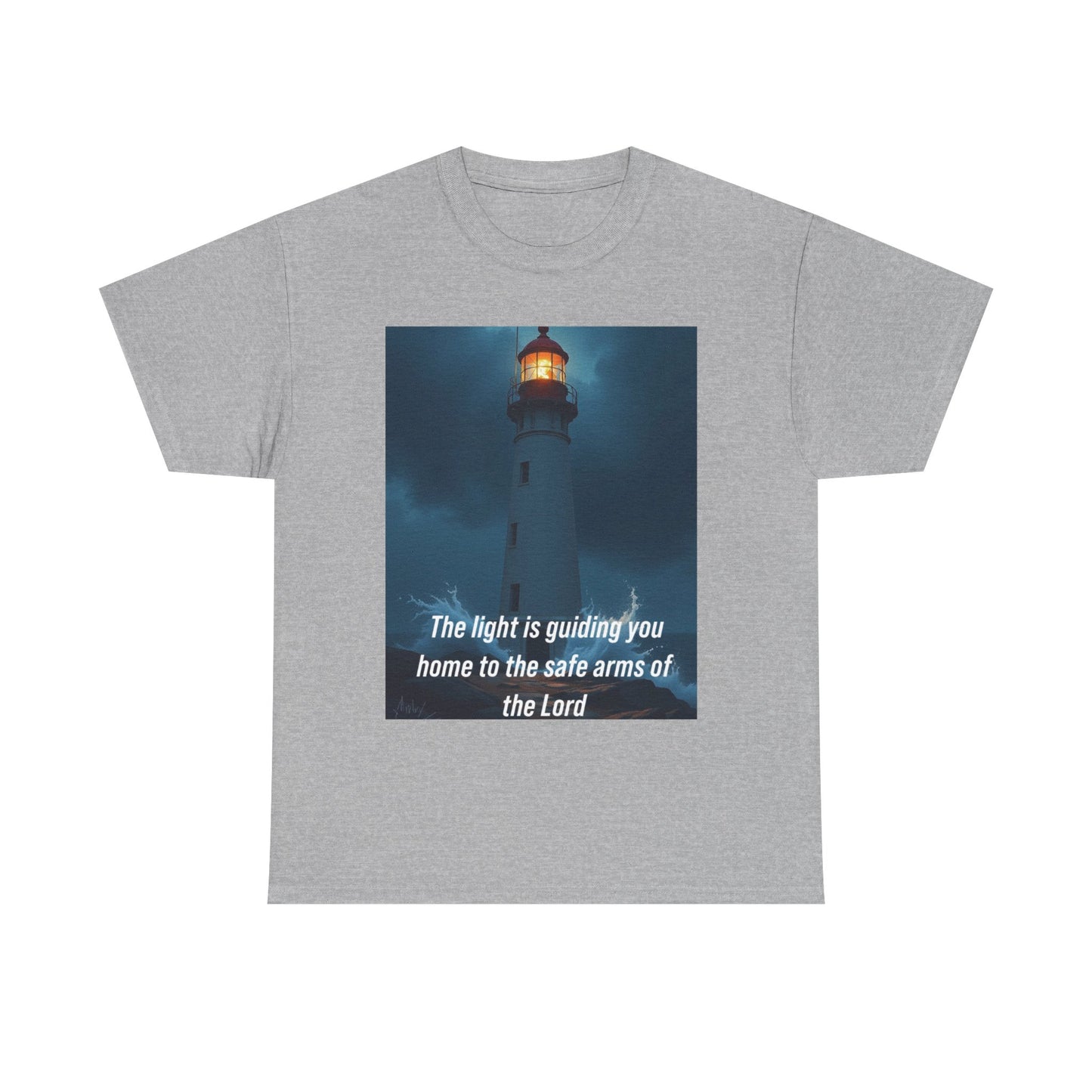 Christian Lighthouse T-Shirt — "The light is guiding you home to the safe arms of the Lord"