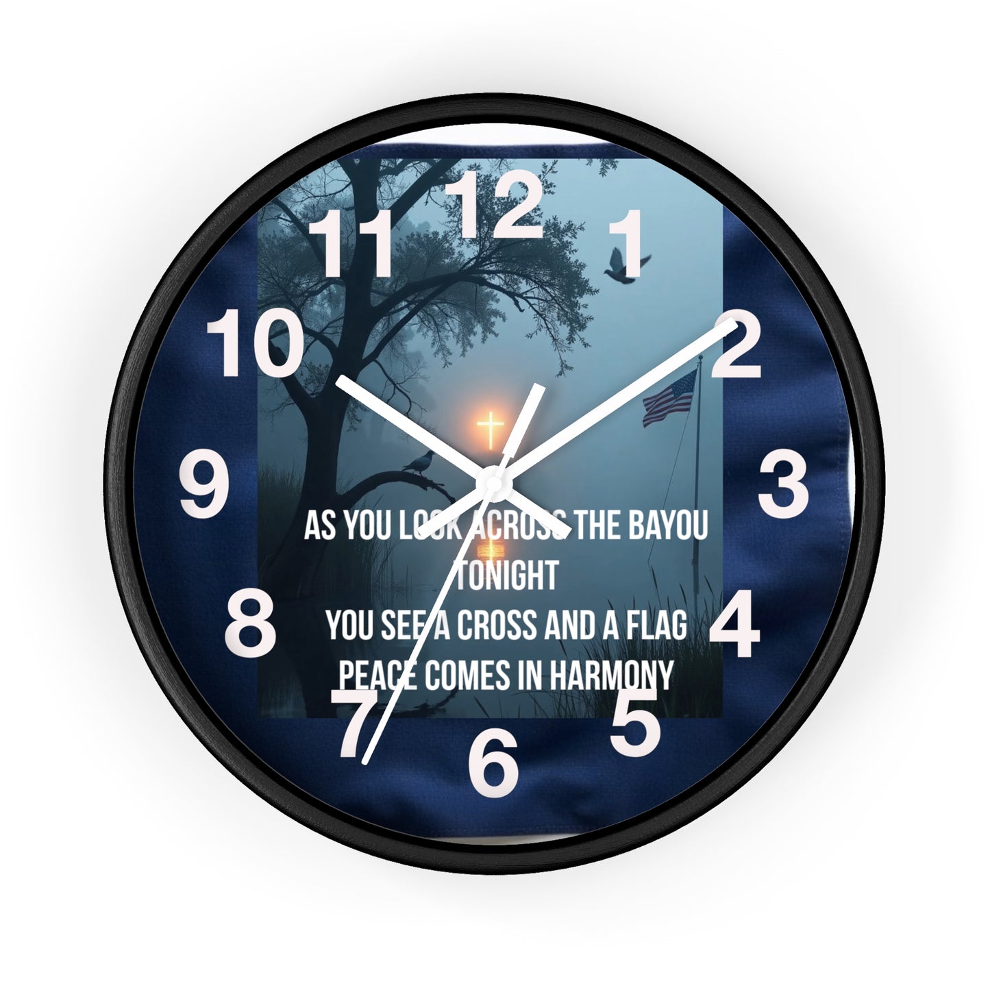 Bayou Cross & Flag Wall Clock — Patriotic Peaceful Scene with Lyrics