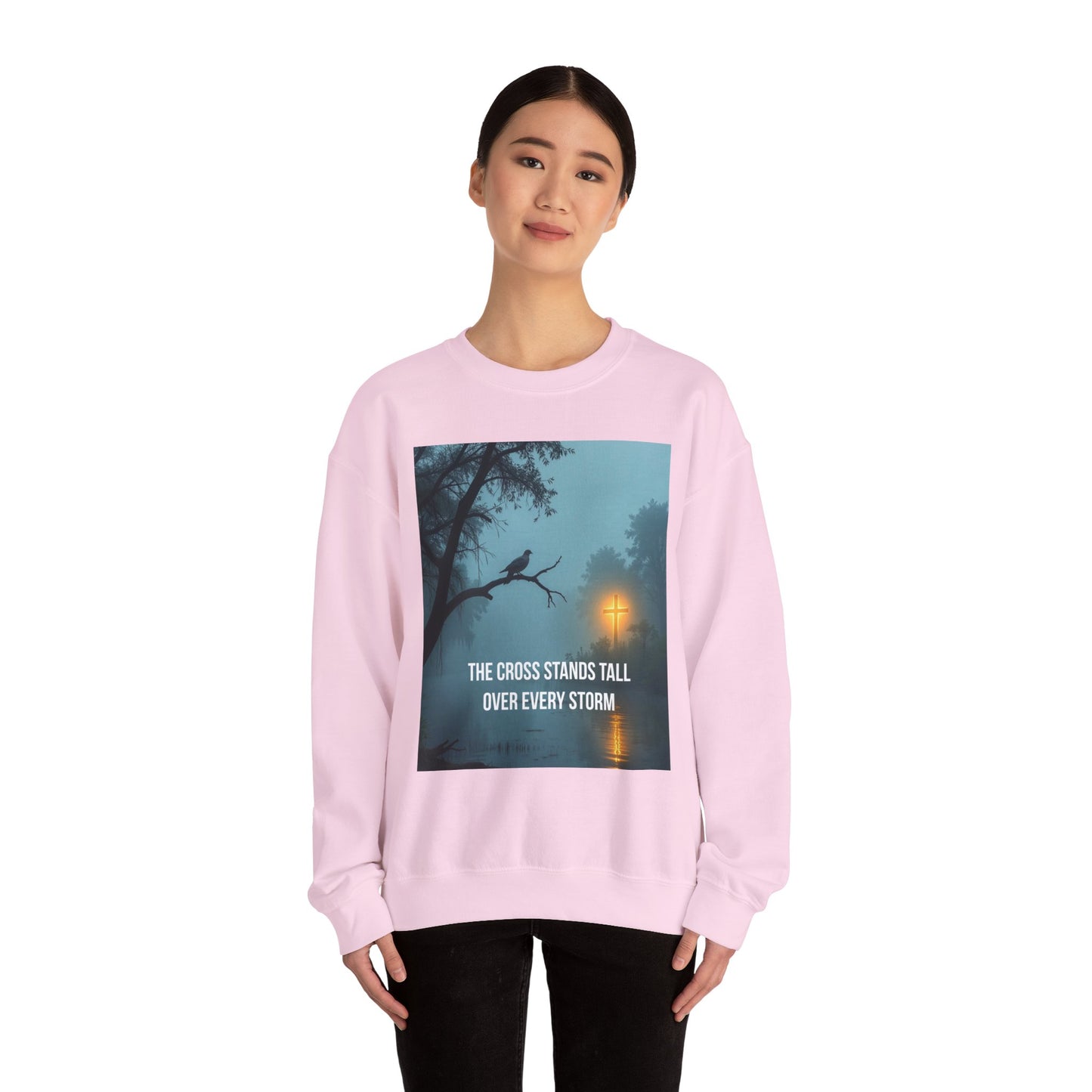 Christian Sweatshirt - "The Cross Stands Tall Over Every Storm" Inspirational Crewneck