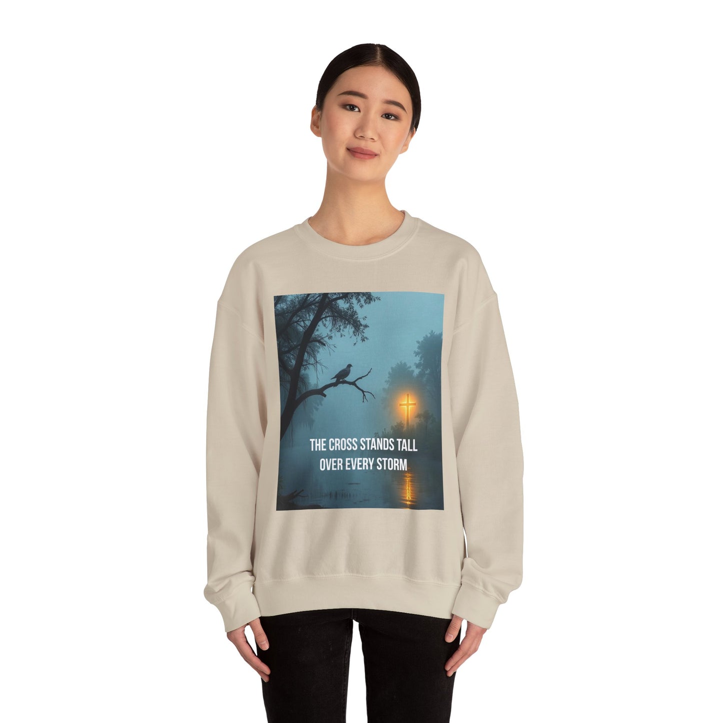 Christian Sweatshirt - "The Cross Stands Tall Over Every Storm" Inspirational Crewneck