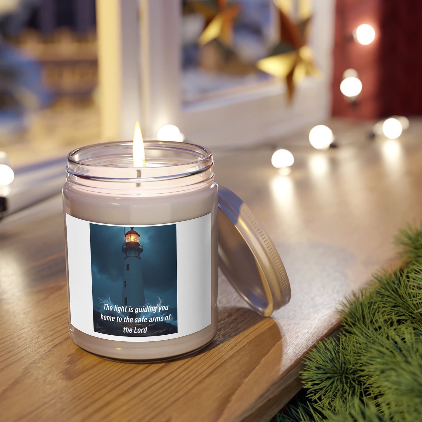Inspirational Lighthouse Soy Candle - "The light is guiding you home to the safe arms of the Lord" (9oz)