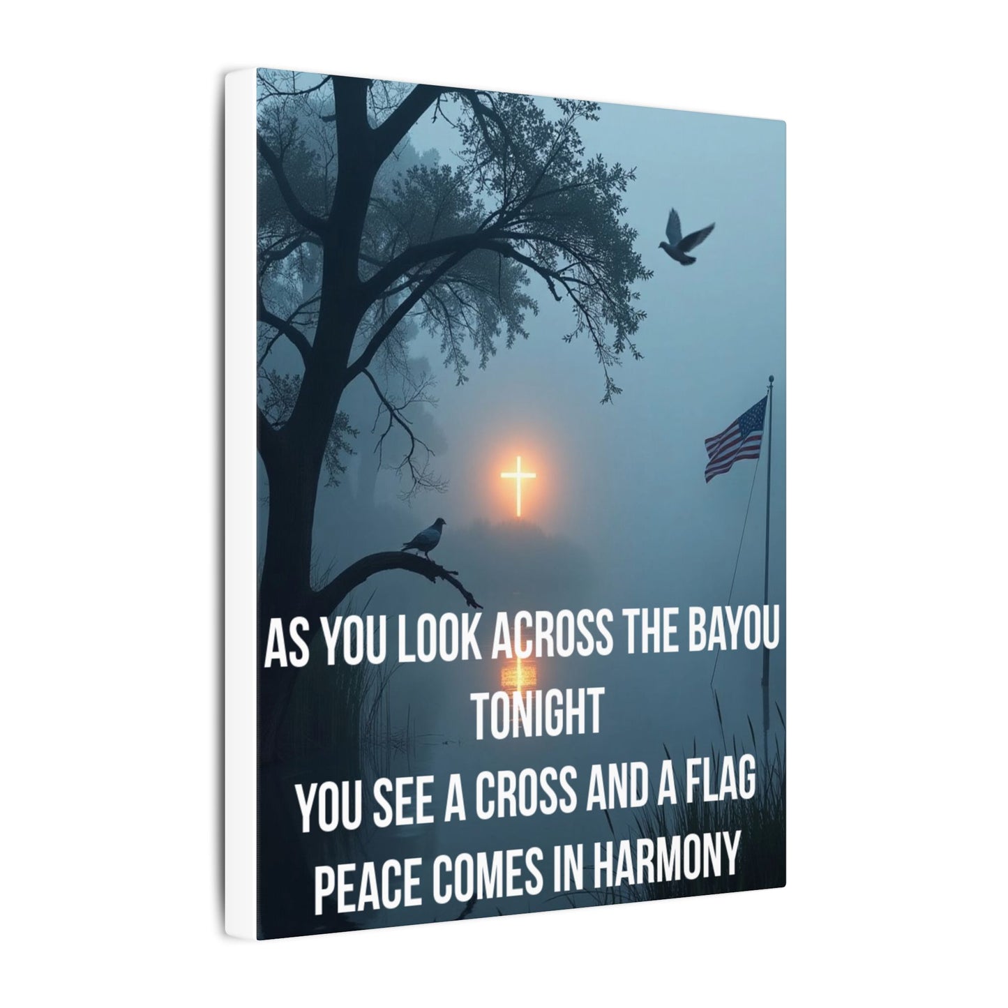 Bayou Cross & Flag Matte Canvas Wall Art – Inspirational Patriotic Christian Quote