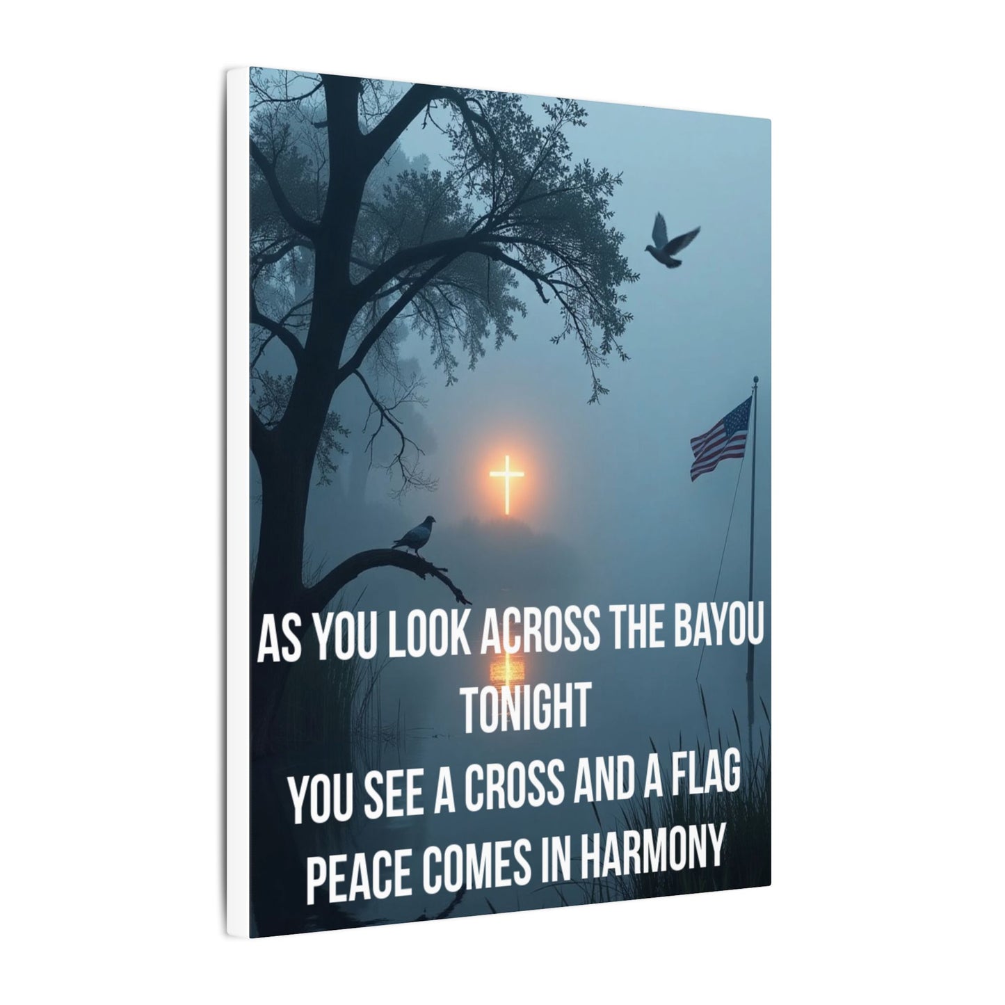 Bayou Cross & Flag Matte Canvas Wall Art – Inspirational Patriotic Christian Quote