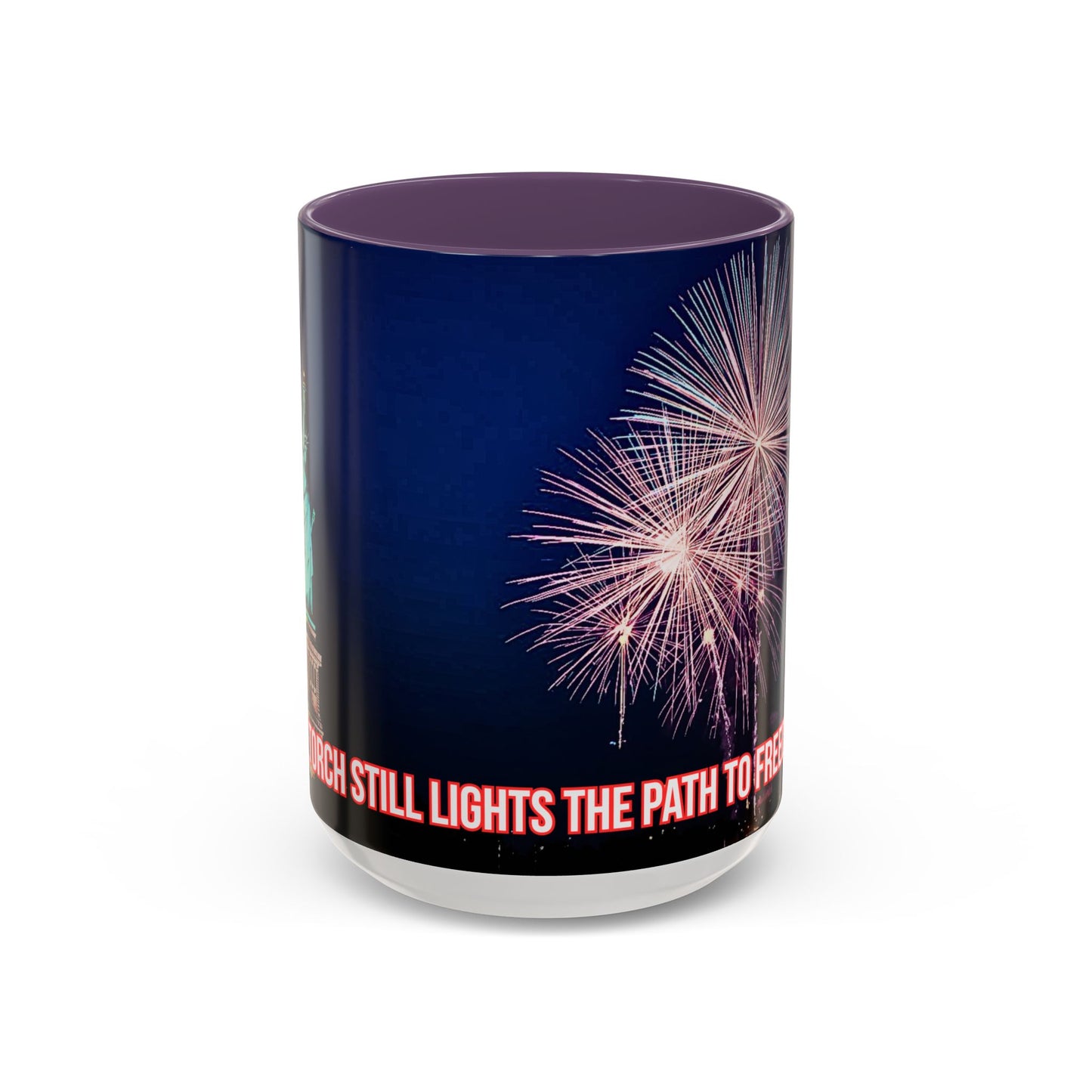 Fireworks Accent Coffee Mug — Inspirational "Lights the Path to Freedom" Design