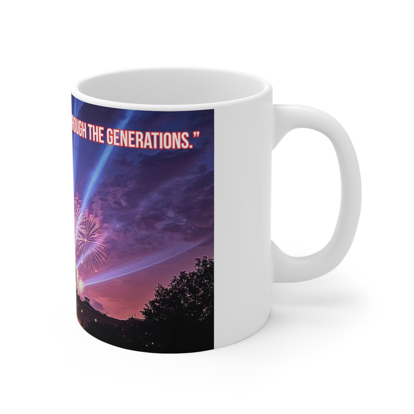 Ceramic Mug — Washington Capitol with Fireworks & Quote “Where Freedom’s Voice Echoes Through the Stars” (11oz / 15oz)