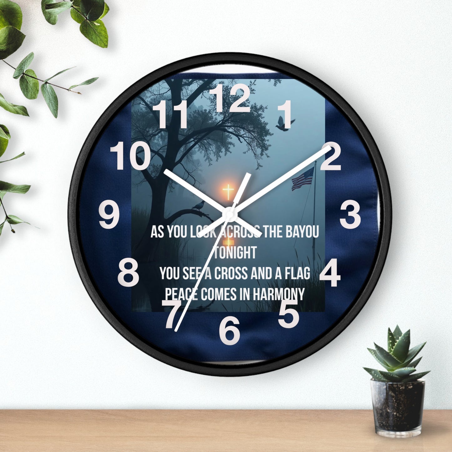 Bayou Cross & Flag Wall Clock — Patriotic Peaceful Scene with Lyrics