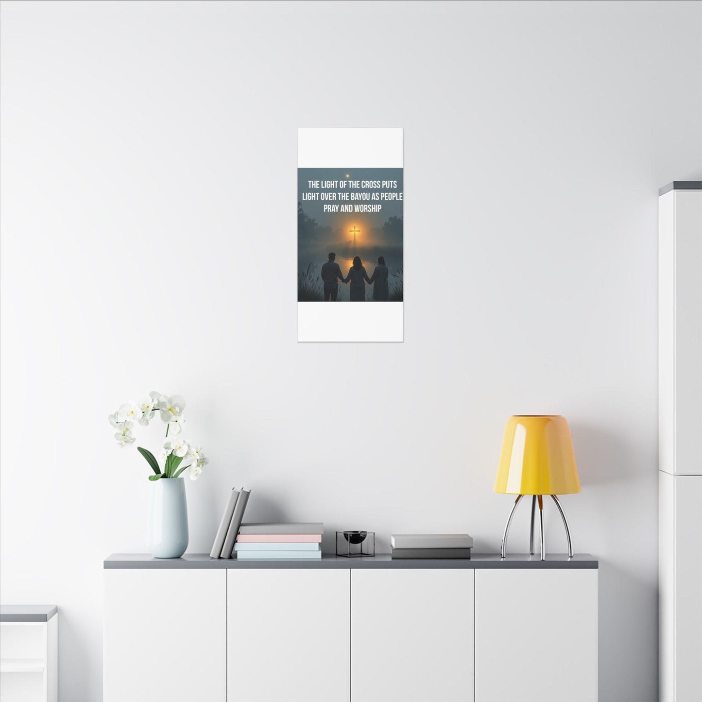 Faith Wall Art Canvas — “The Light of the Cross Puts Light Over the Bayou as People Pray and Worship”