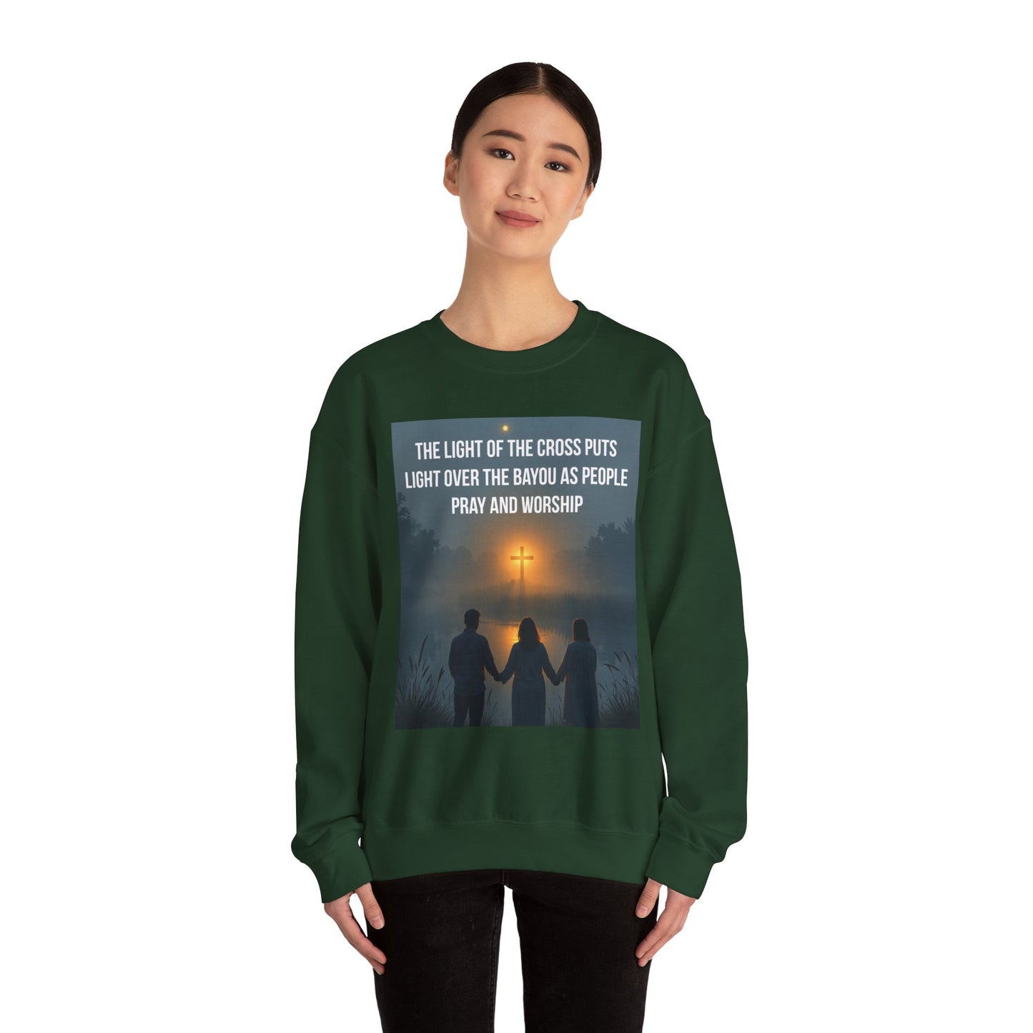 Christian Crewneck Sweatshirt — "The Light of the Cross Puts Light Over the Bayou" Graphic