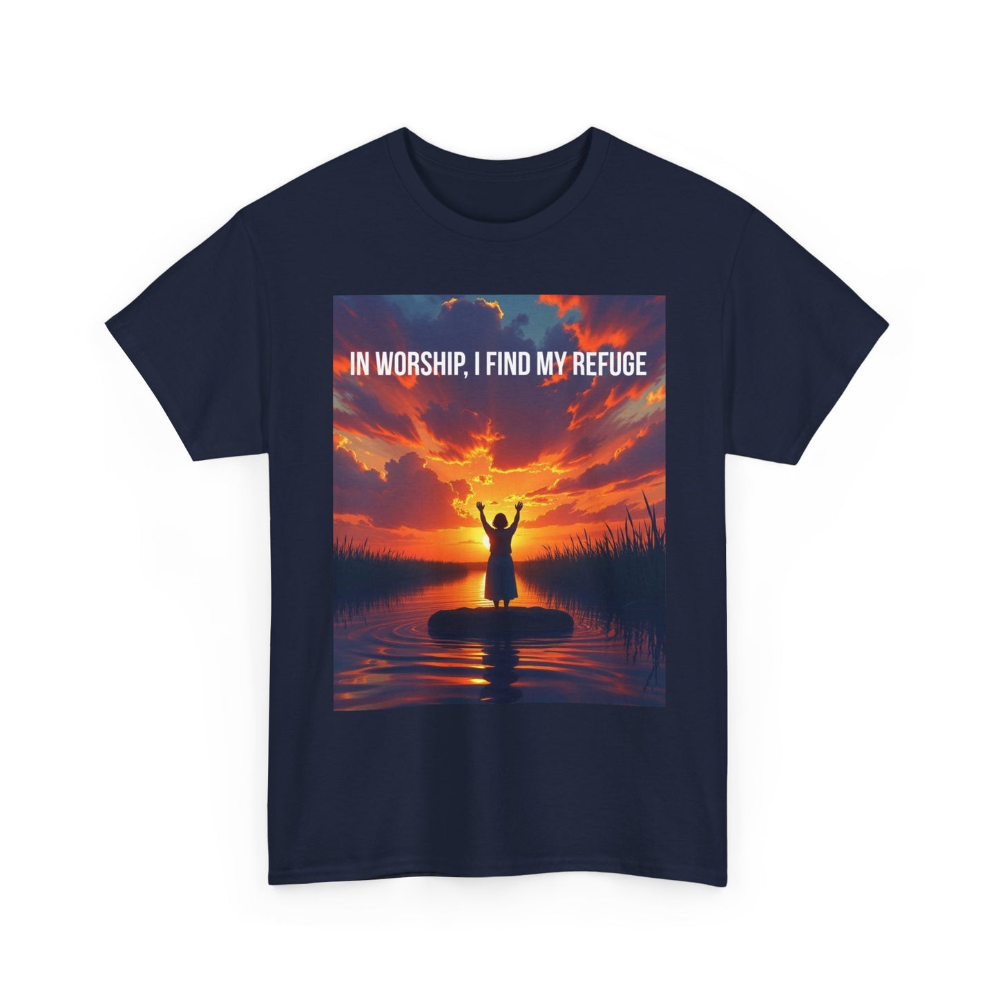 Worship Refuge T-Shirt — "In Worship, I Find My Refuge" Sunset Silhouette Christian Tee