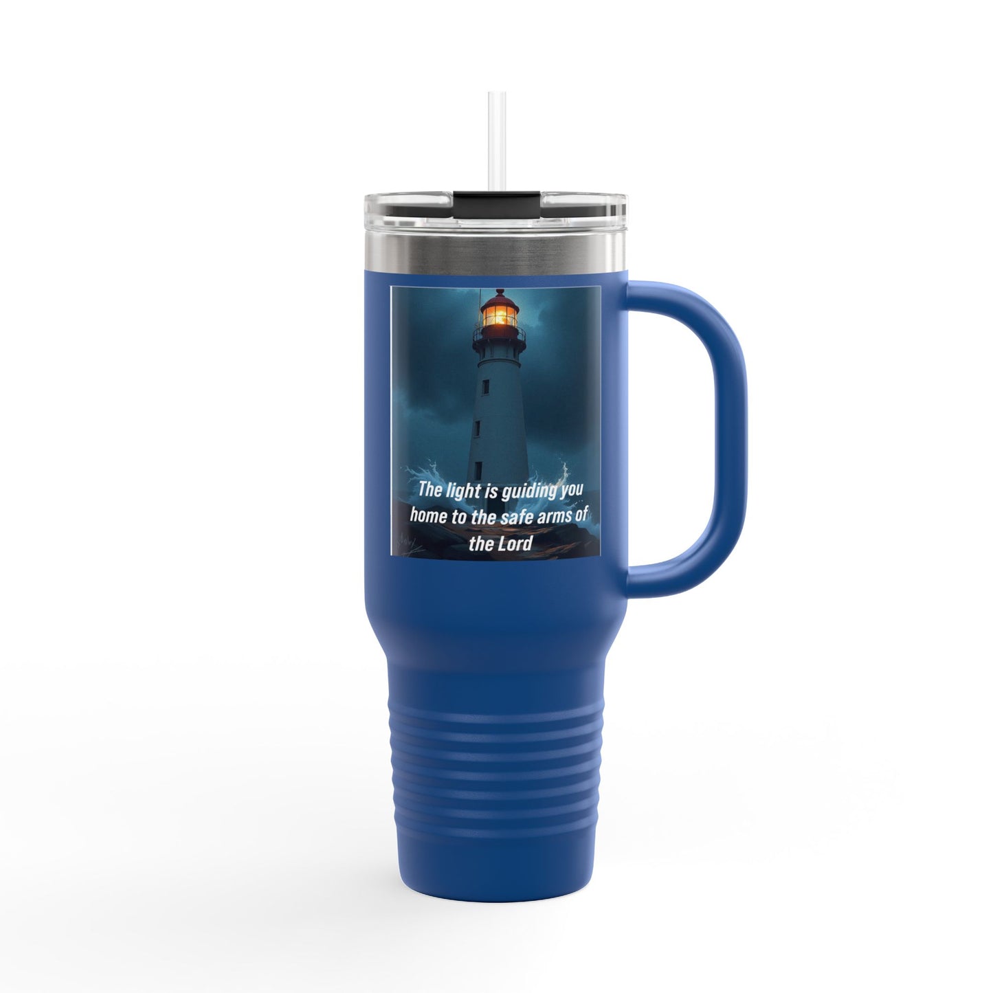 40oz Insulated Travel Mug – Lighthouse 'The light is guiding you home to the safe arms of the Lord'