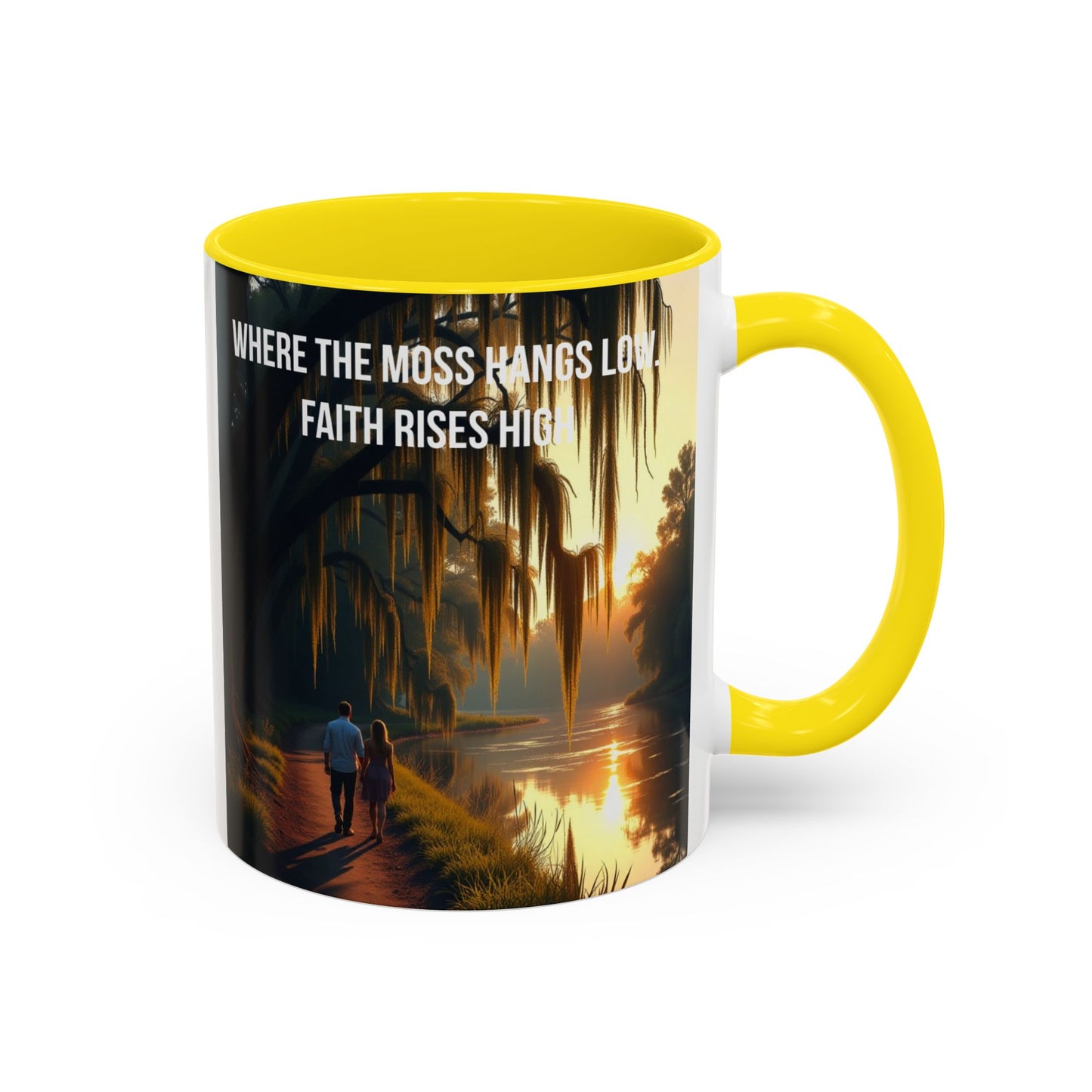 Accent Coffee Mug — "Where the Moss Hangs Low, Faith Rises High" Scenic Faith Inspirational Mug