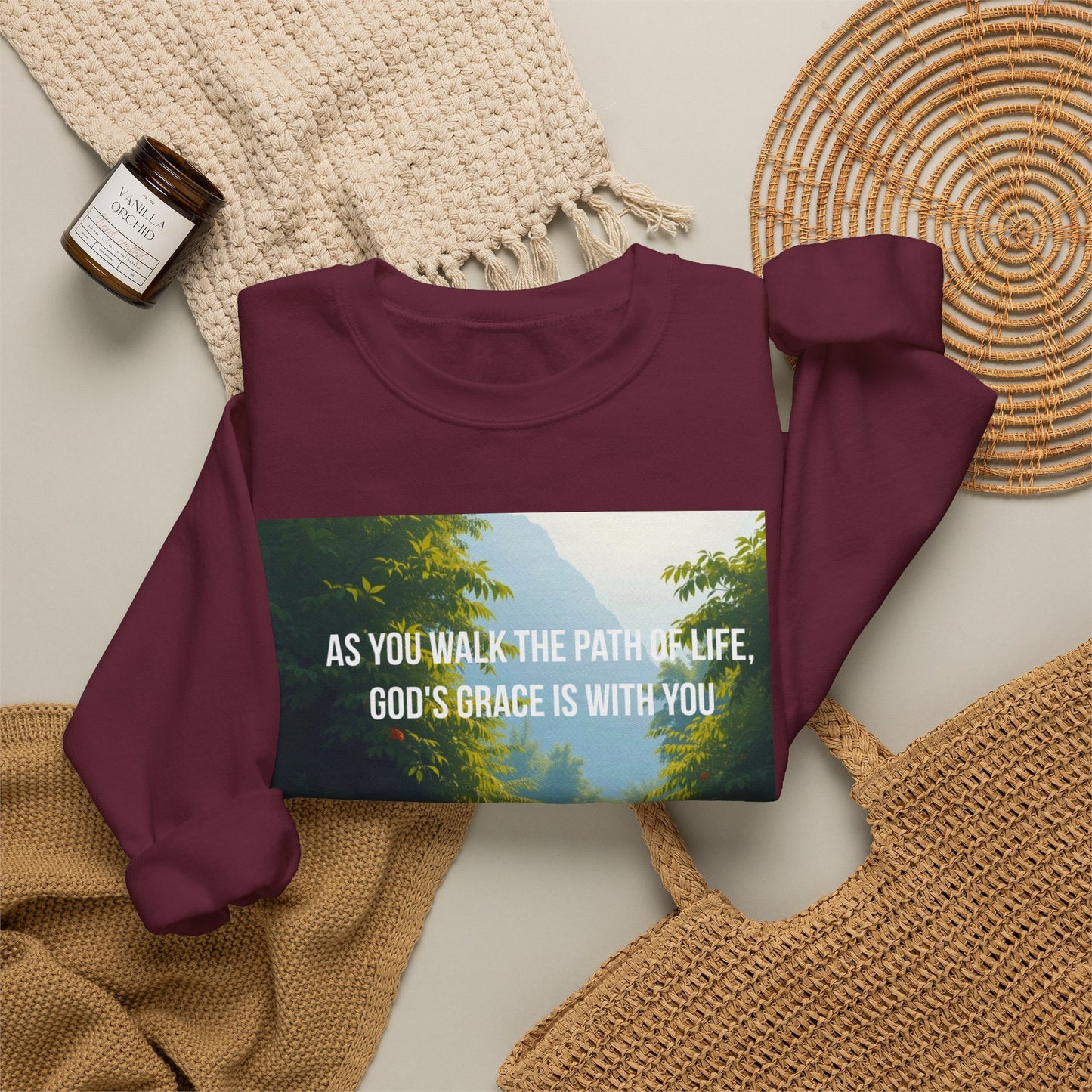 Crewneck Sweatshirt — "As You Walk the Path of Life, God’s Grace Is With You" Inspirational Christian Sweatshirt