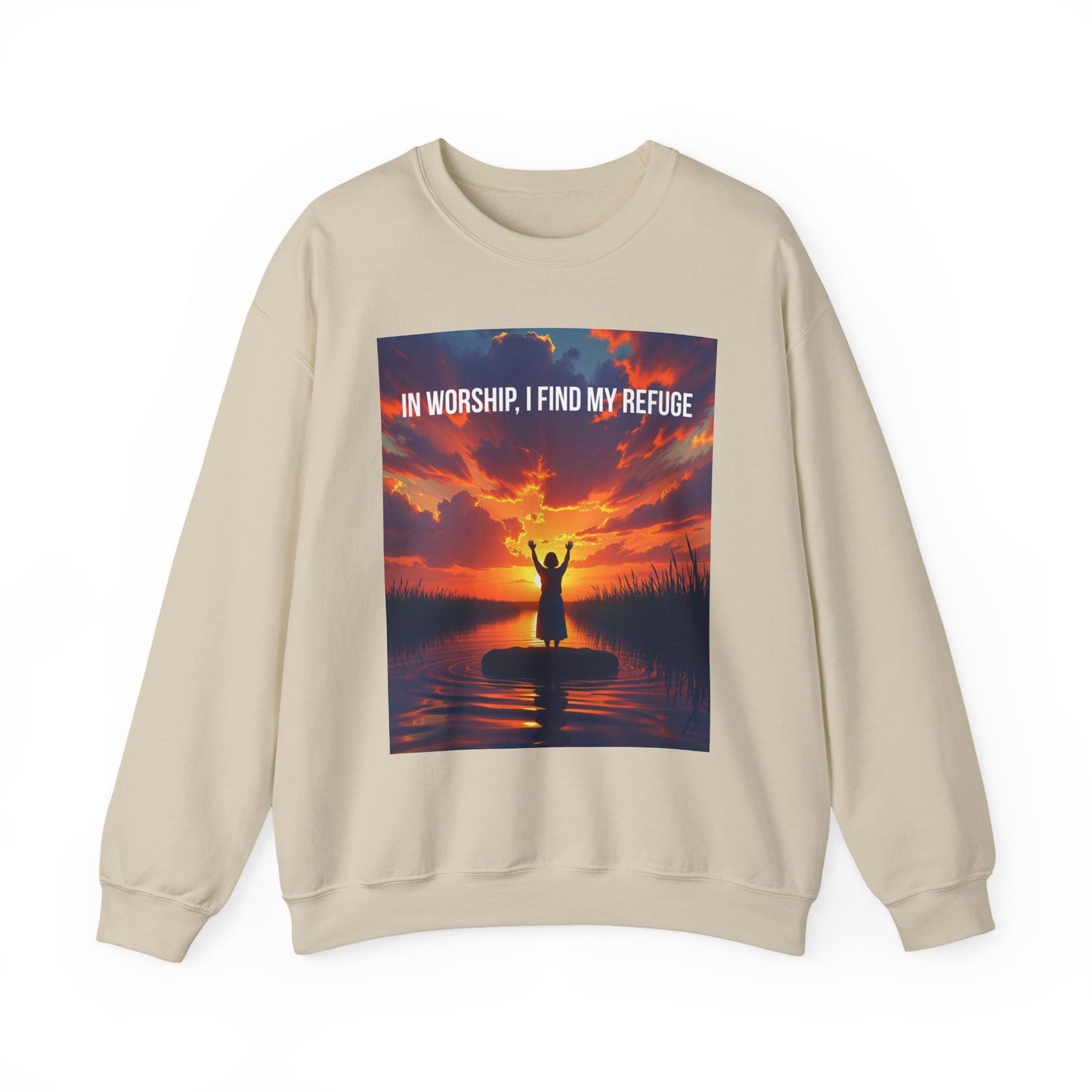Worship Refuge Crewneck Sweatshirt — "In Worship, I Find My Refuge" Inspirational Faith Sweatshirt