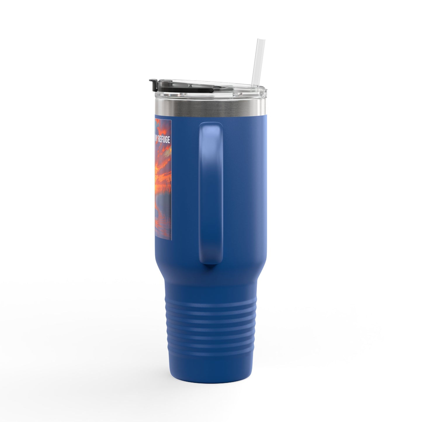 40oz Insulated Travel Mug — "In Worship I Find My Refuge" Sunset Paddleboard Design