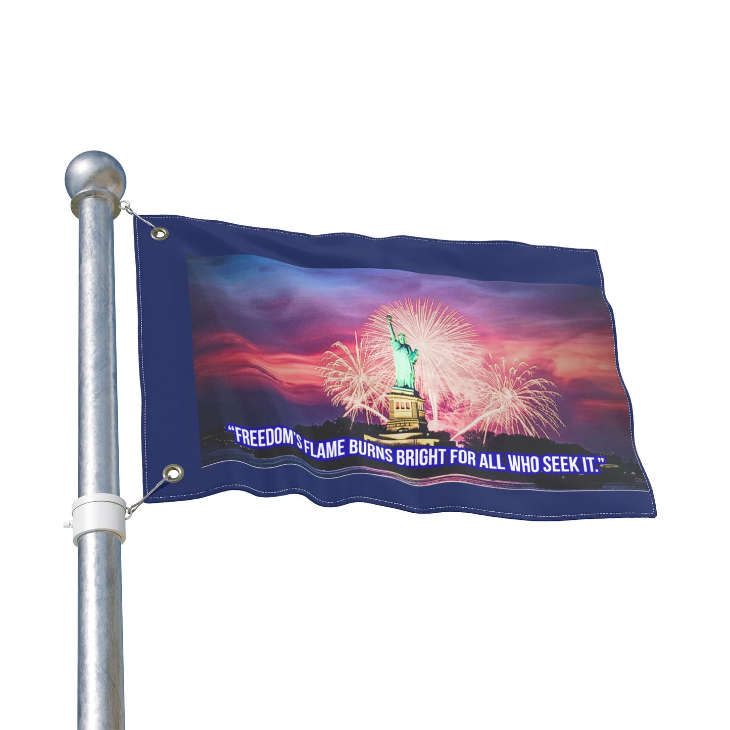 Double-Sided Flag - Statue of Liberty Fireworks Design with Quote "Freedom's Flame Burns Bright For All Who Seek It" — Patriotic [...]