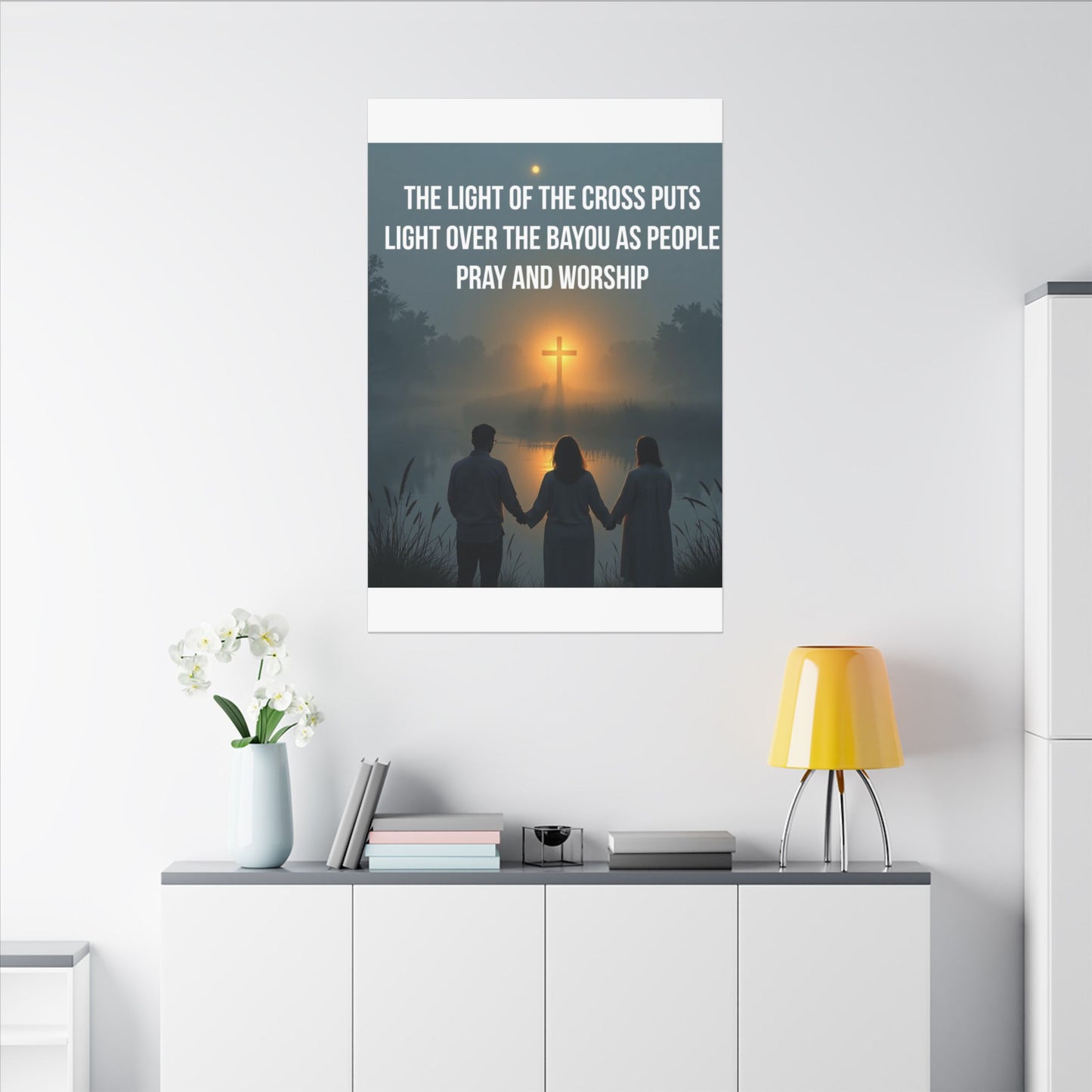 Faith Wall Art Canvas — “The Light of the Cross Puts Light Over the Bayou as People Pray and Worship”