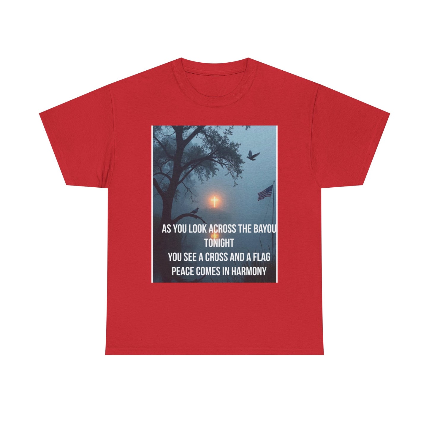 T-Shirt — Bayou Sunset Cross & Flag Graphic Tee ("As You Look Across the Bayou Tonight")