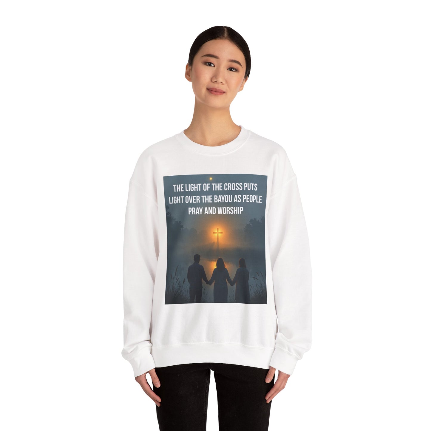 Christian Crewneck Sweatshirt — "The Light of the Cross Puts Light Over the Bayou" Graphic