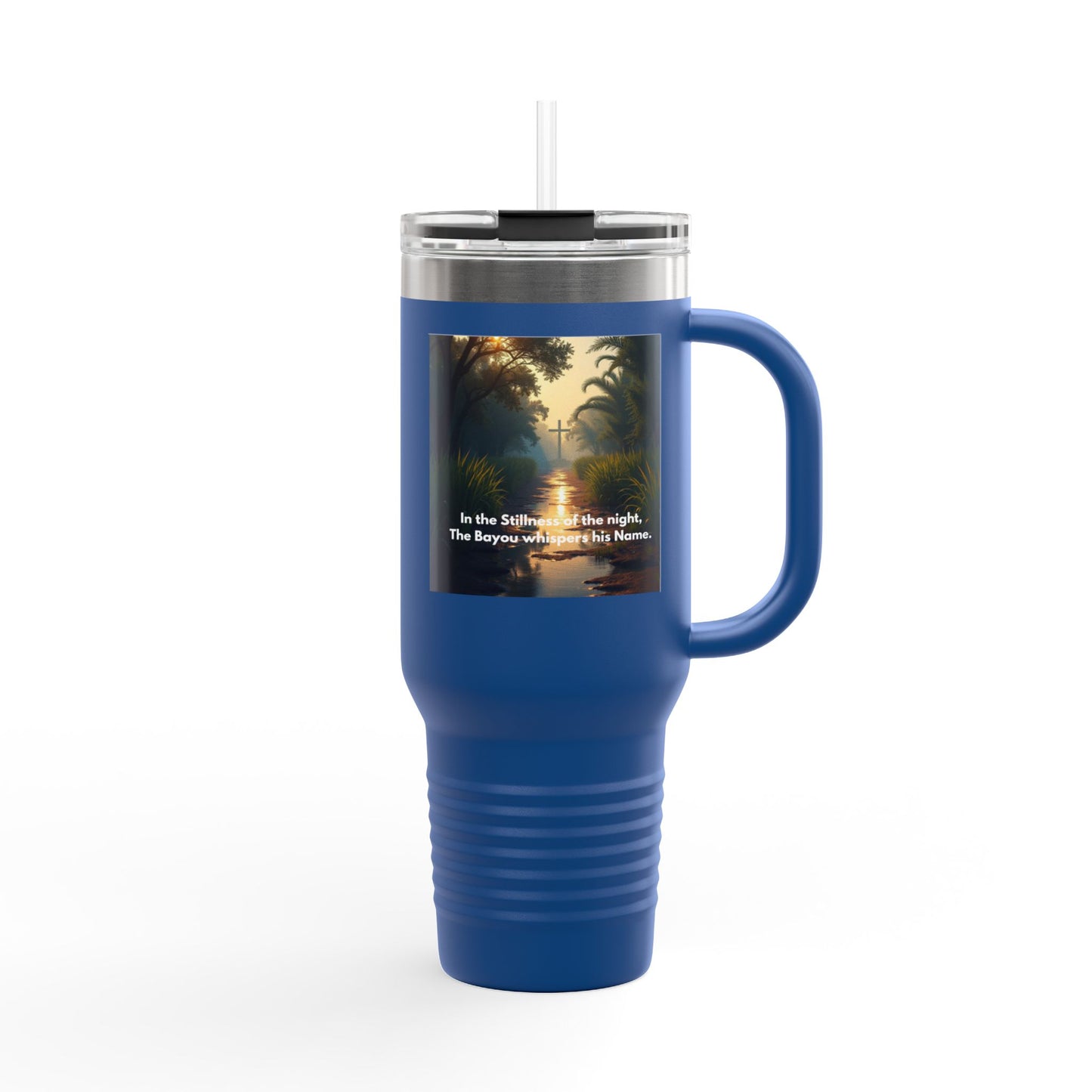 40oz Insulated Travel Mug — Tropical Sunset Scenic Design with Inspirational Quote