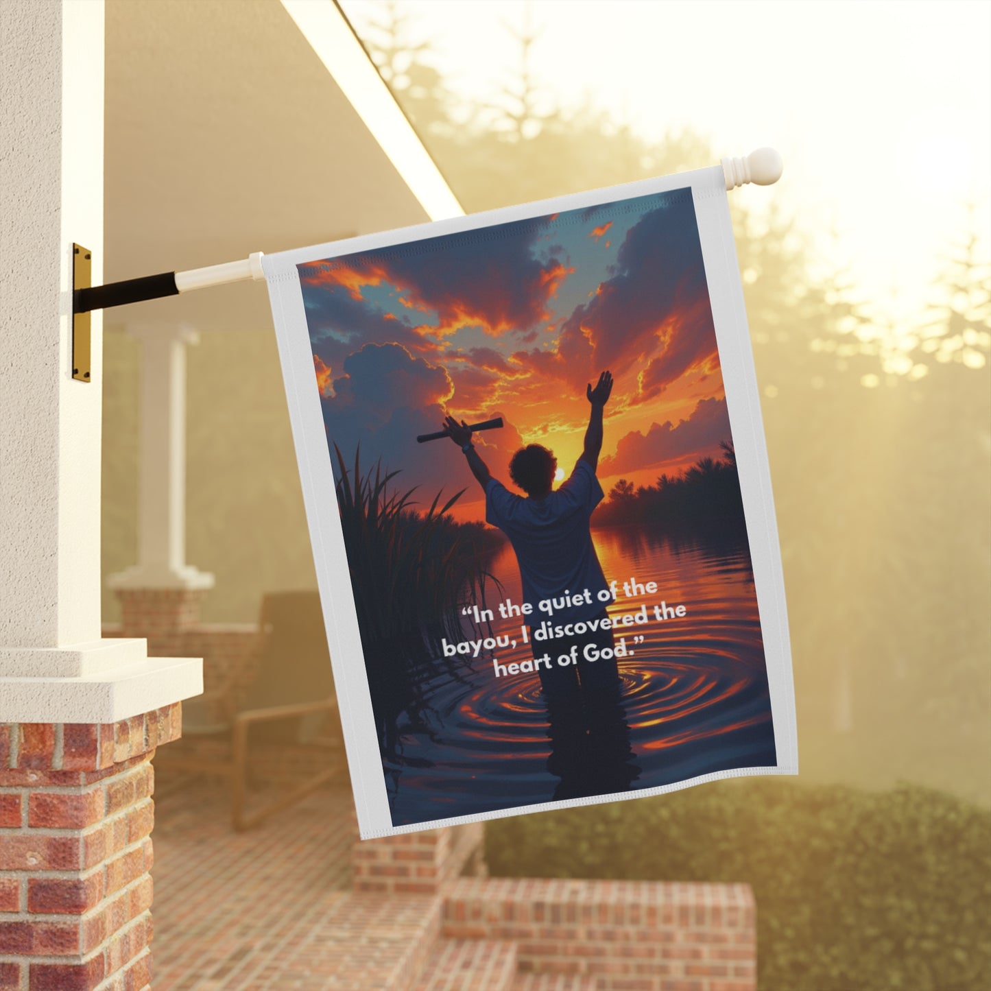 Christian Garden Flag — “In the quiet of the bayou, I discovered the heart of God” Sunset Prayer Design