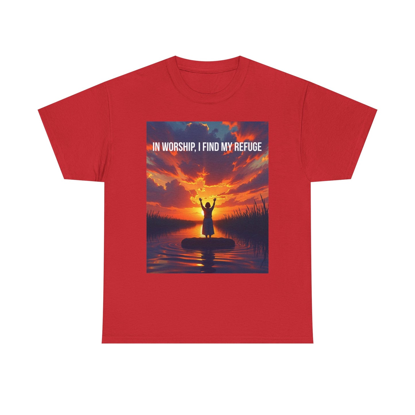 Worship Refuge T-Shirt — "In Worship, I Find My Refuge" Sunset Silhouette Christian Tee