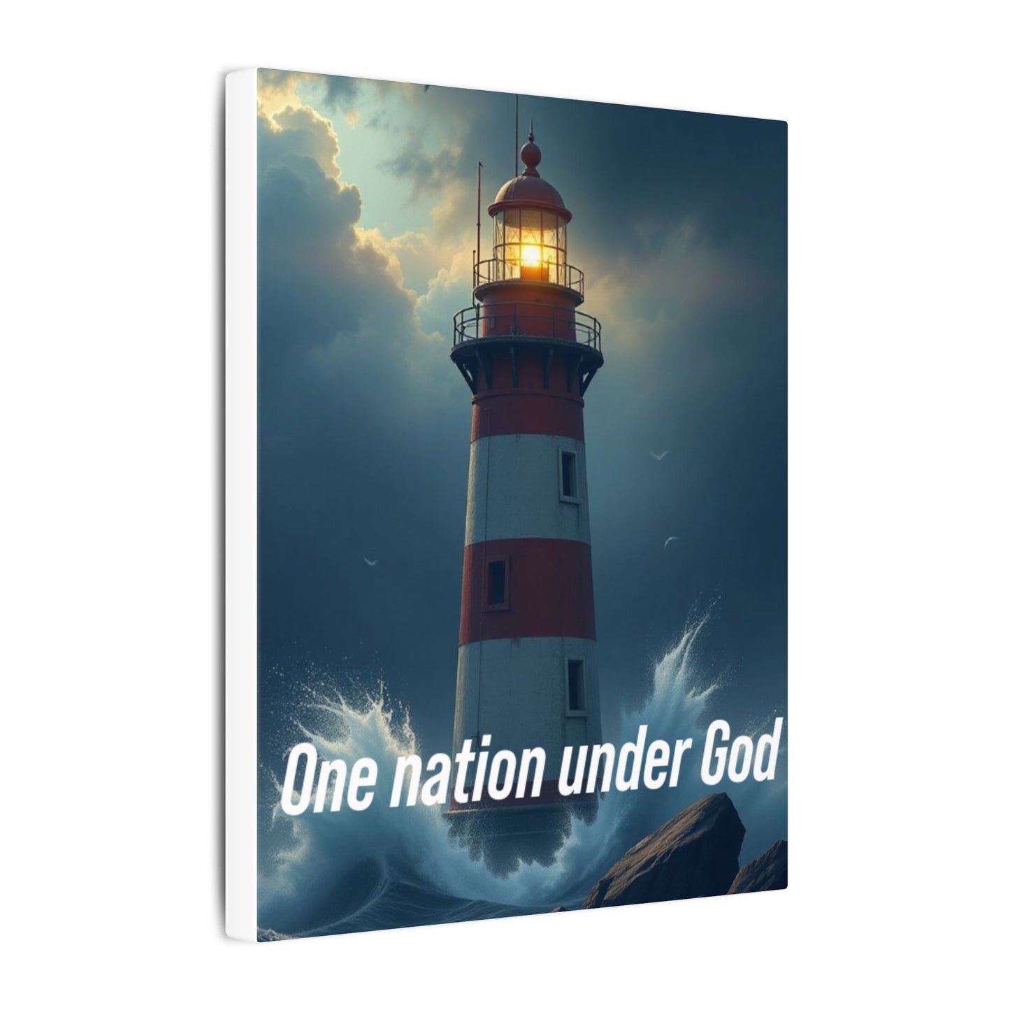 Lighthouse Matte Canvas Wall Art - "One Nation Under God" Patriotic Coastal Print