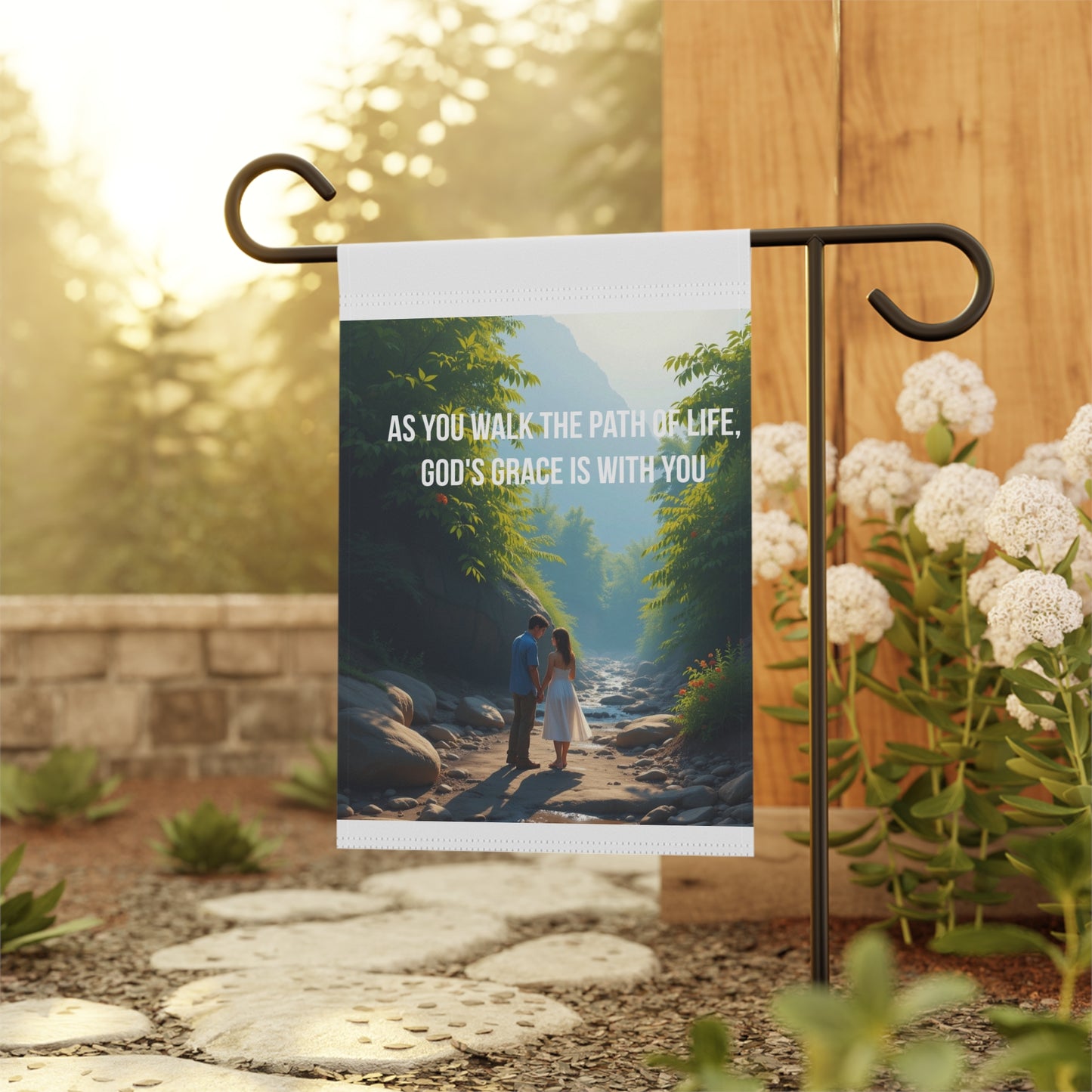 Garden Flag — "As You Walk the Path of Life, God's Grace Is With You" Spiritual Outdoor Banner