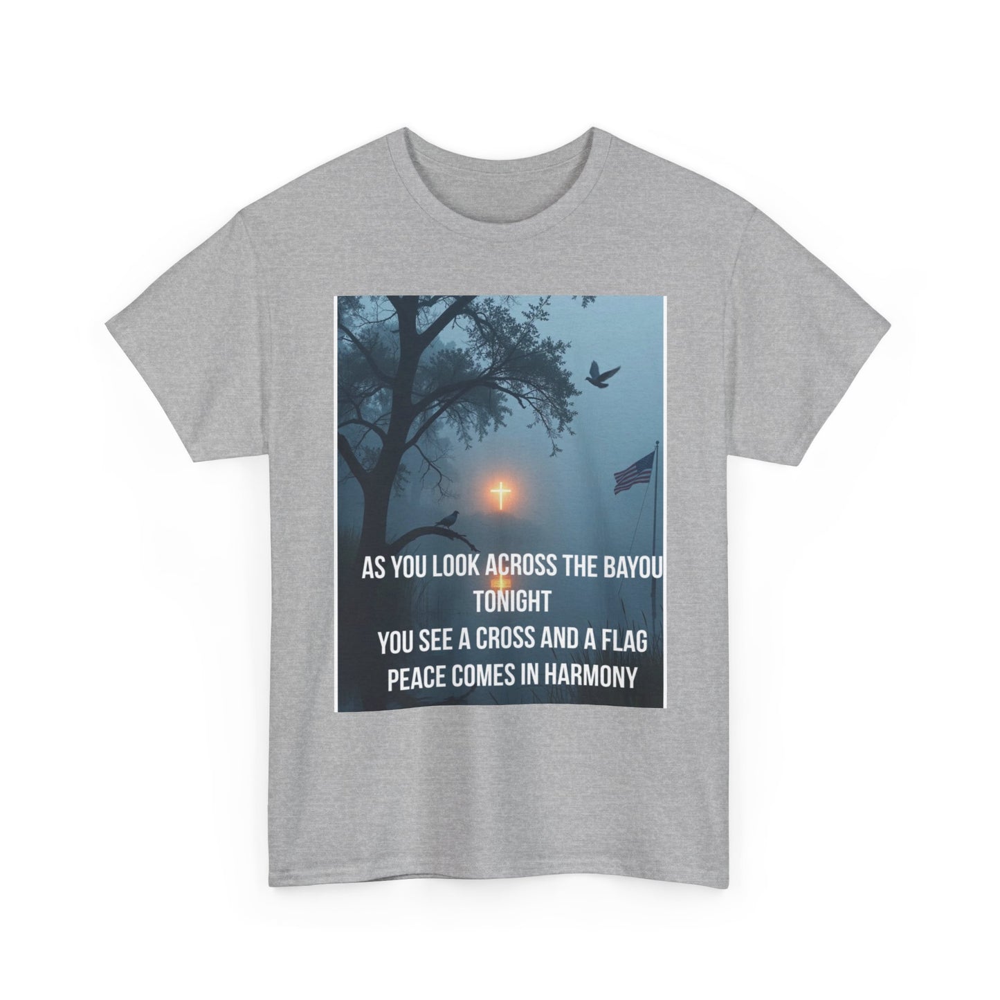 T-Shirt — Bayou Sunset Cross & Flag Graphic Tee ("As You Look Across the Bayou Tonight")