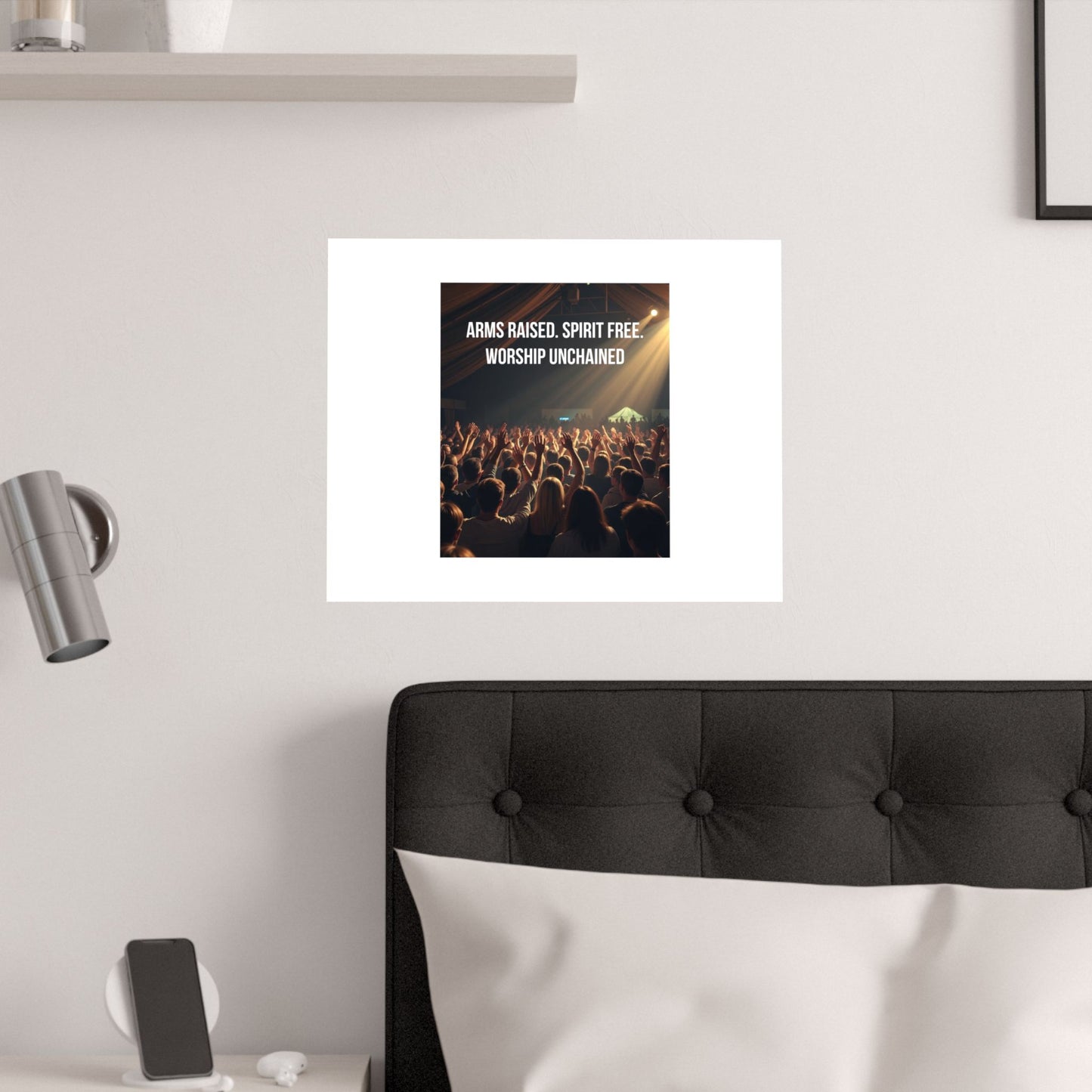 Worship Unchained Satin Poster — Concert Crowd with Lyrics “Arms Raised. Spirit Free.”