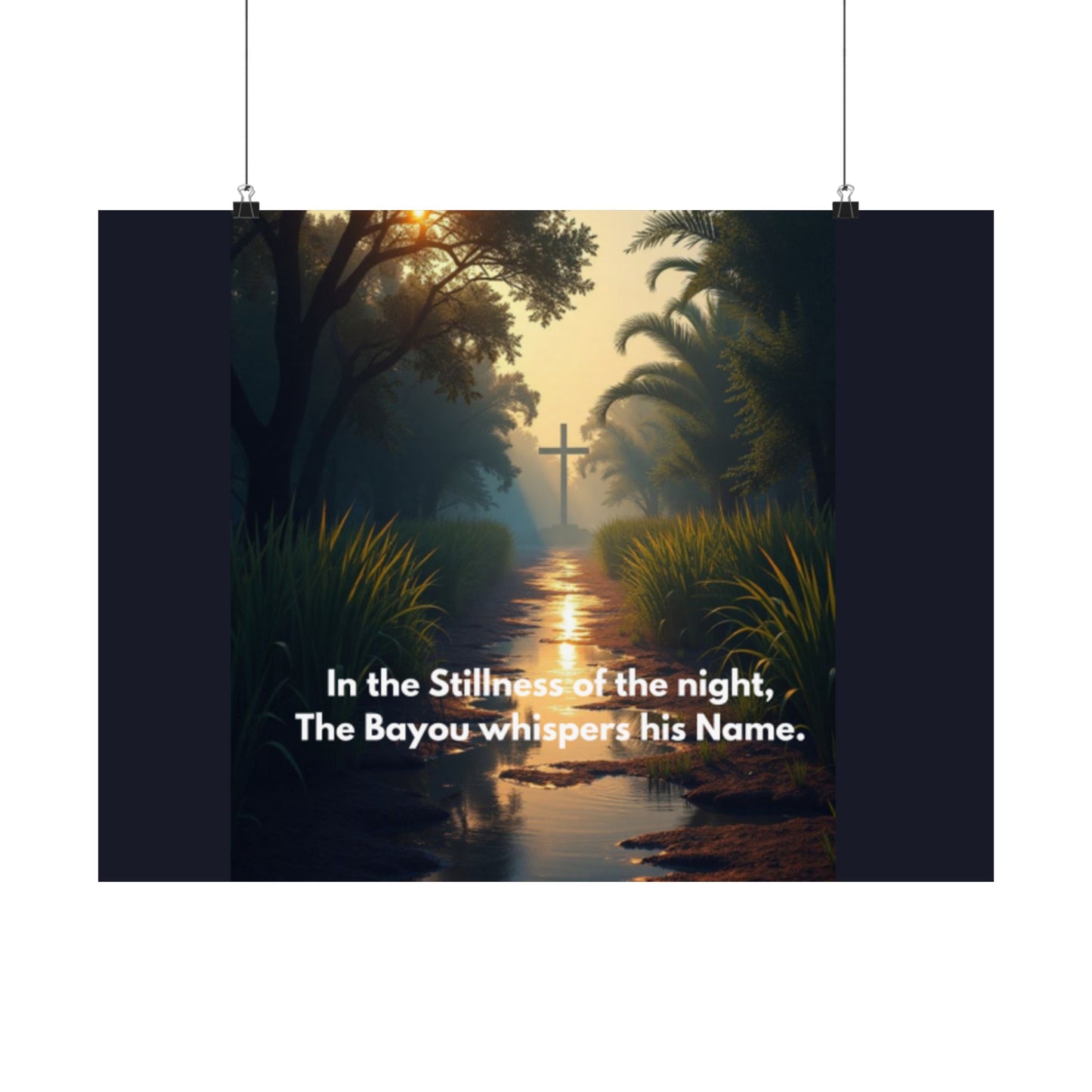 Bayou Cross Satin Poster — "In the Stillness of the Night, The Bayou Whispers His Name"