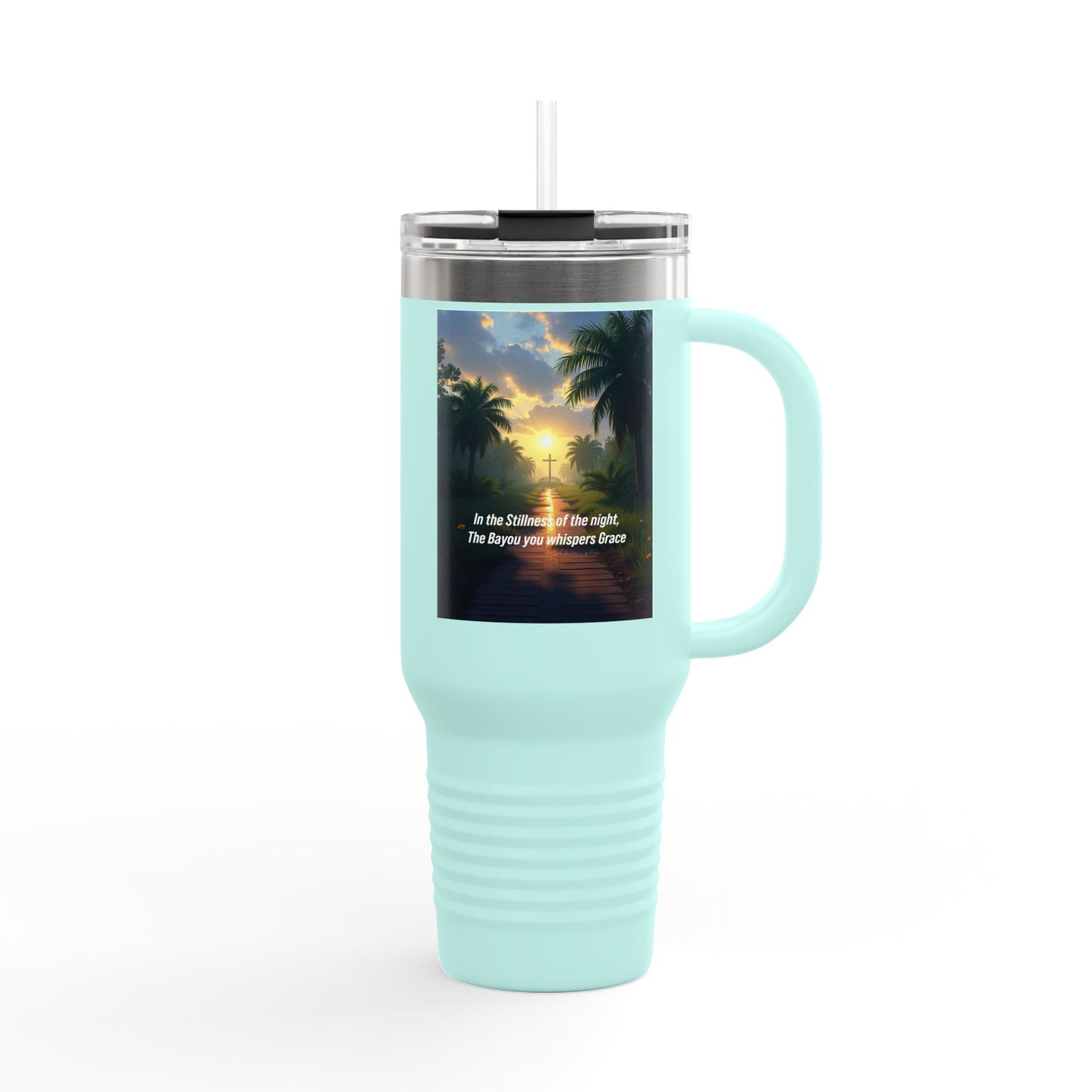 40oz Insulated Travel Mug — Tropical Sunset Design with Inspirational Quote