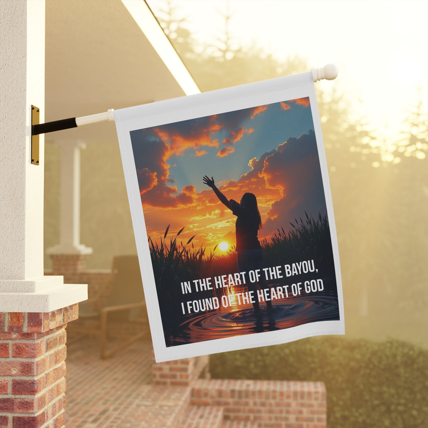 Bayou Sunset Garden Flag — "In the Heart of the Bayou, I Found of the Heart of God" Spiritual Outdoor Banner