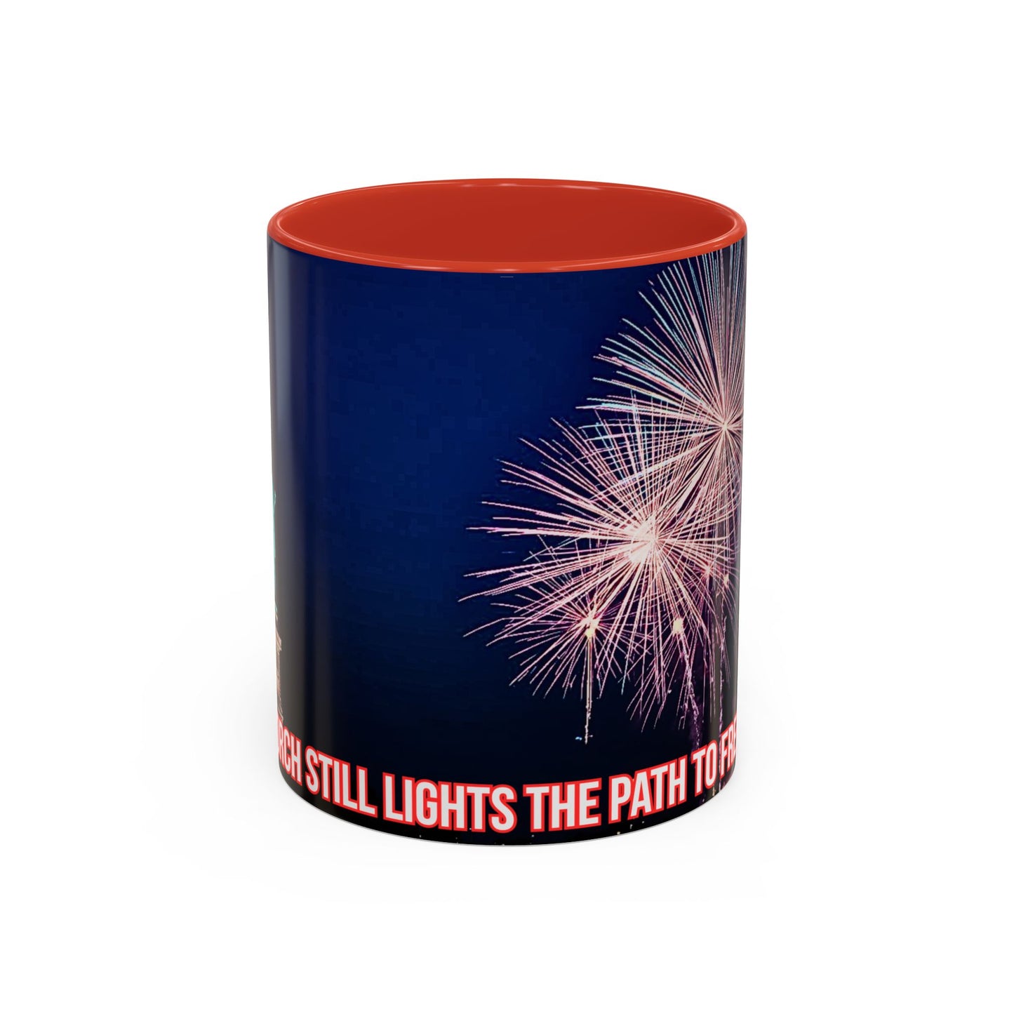 Fireworks Accent Coffee Mug — Inspirational "Lights the Path to Freedom" Design