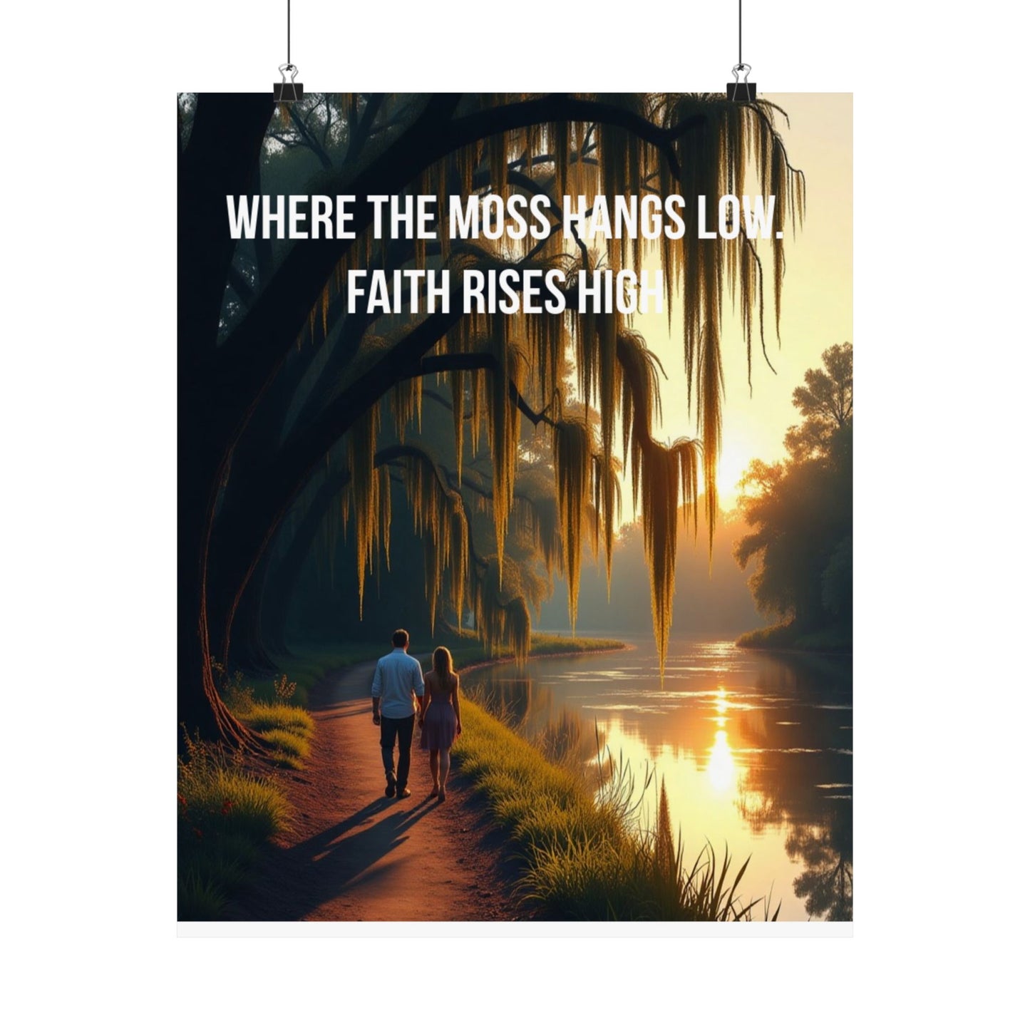 Satin Poster – "Where the Moss Hangs Low, Faith Rises High" Sunset River Walk