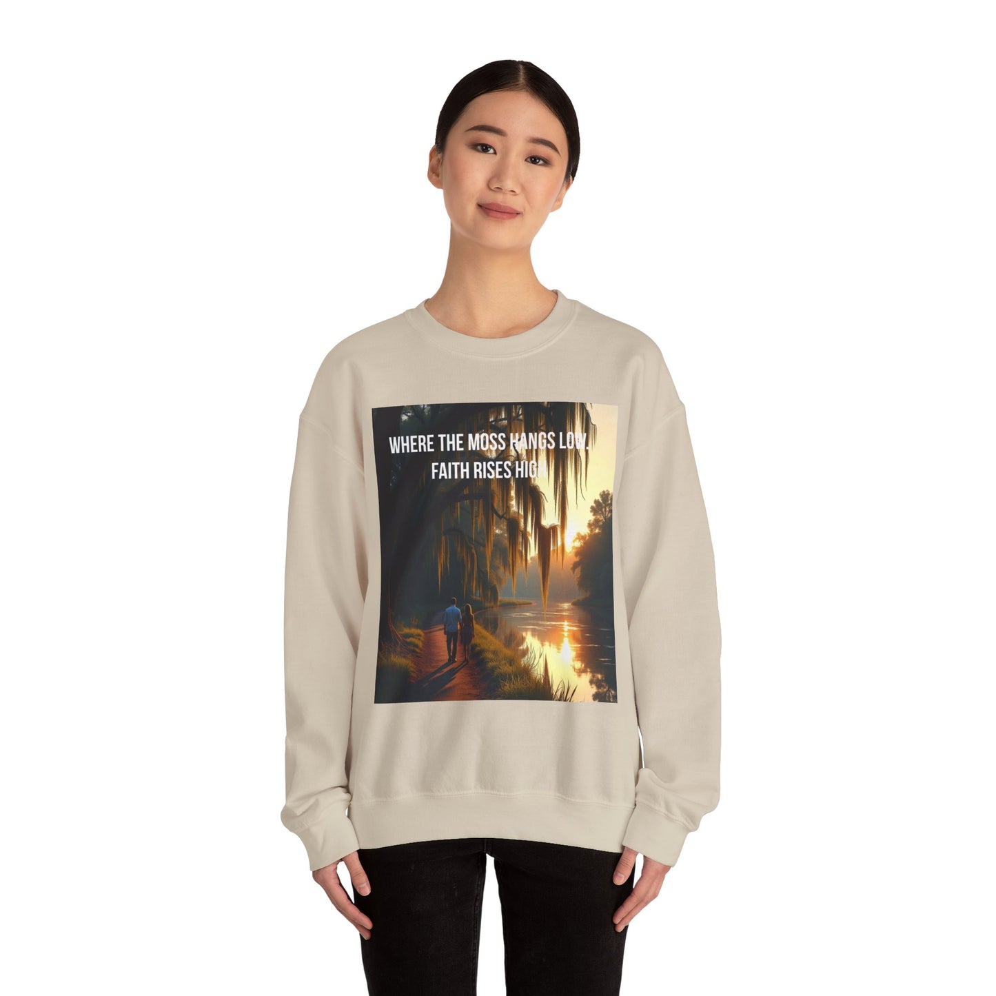 Inspirational Southern Bayou Sweatshirt — "Where the Moss Hangs Low, Faith Rises High"
