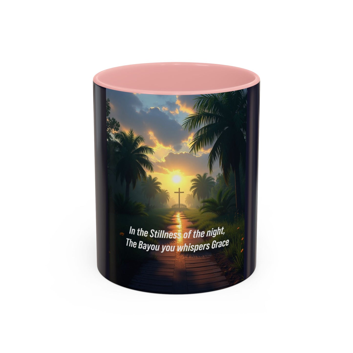 Accent Coffee Mug — Tranquil Bayou Sunset Mug with Cross & Inspirational Quote