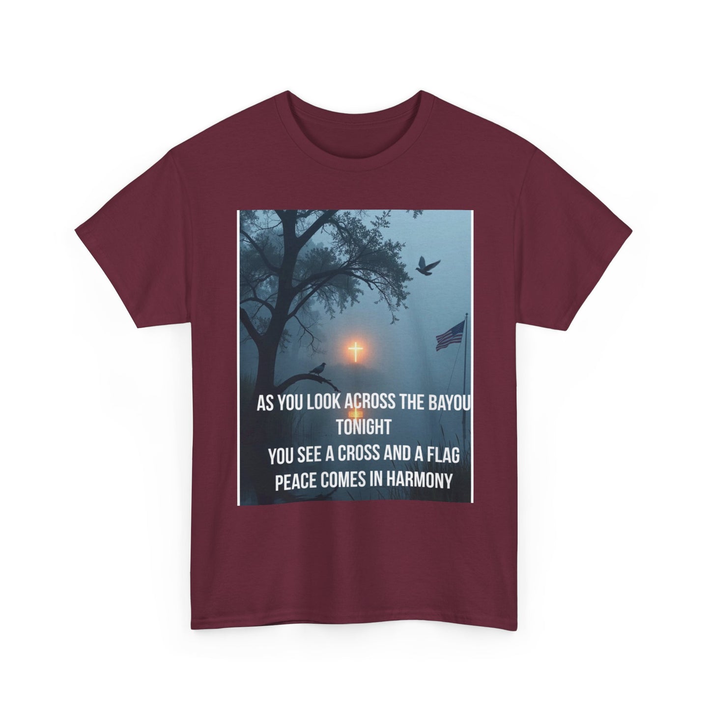 T-Shirt — Bayou Sunset Cross & Flag Graphic Tee ("As You Look Across the Bayou Tonight")