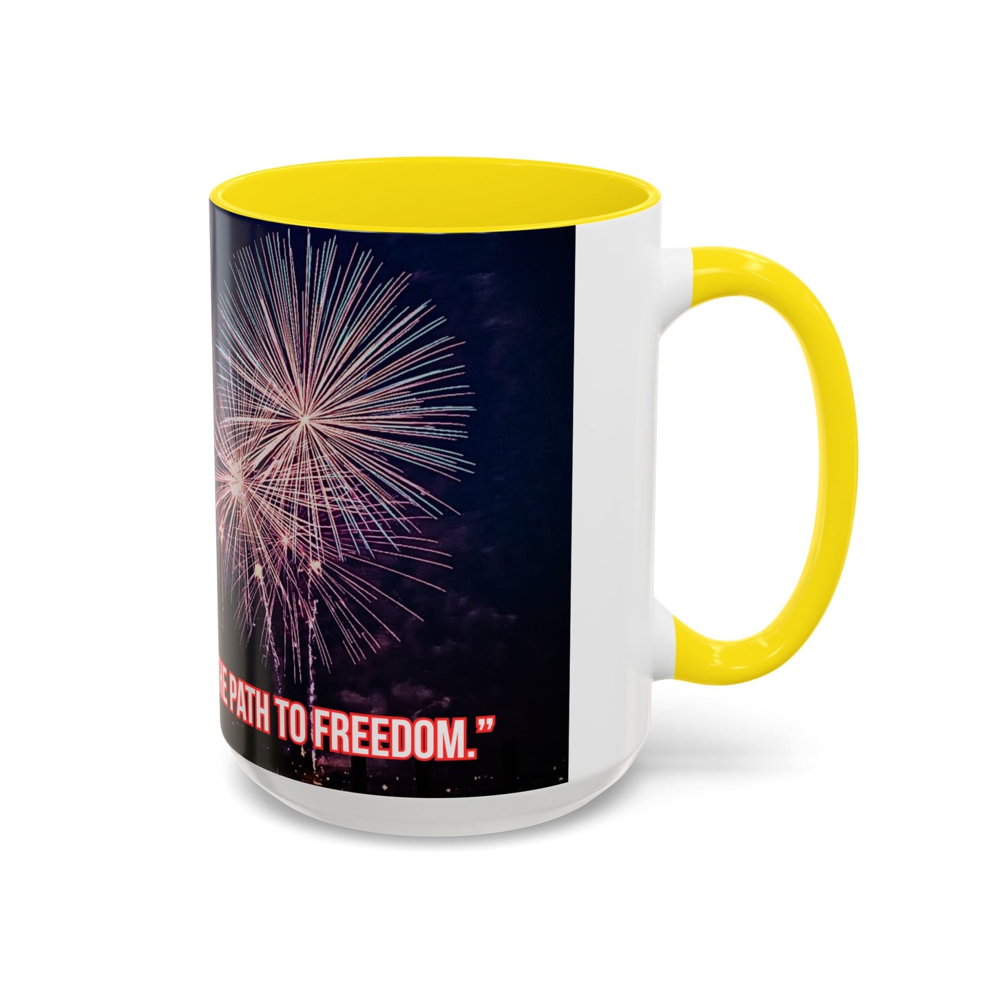 Fireworks Accent Coffee Mug — Inspirational "Lights the Path to Freedom" Design