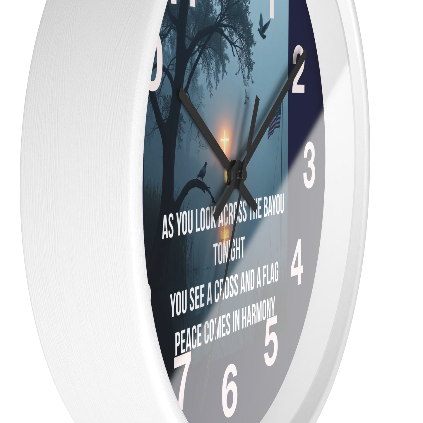 Bayou Cross & Flag Wall Clock — Patriotic Peaceful Sunset Decor