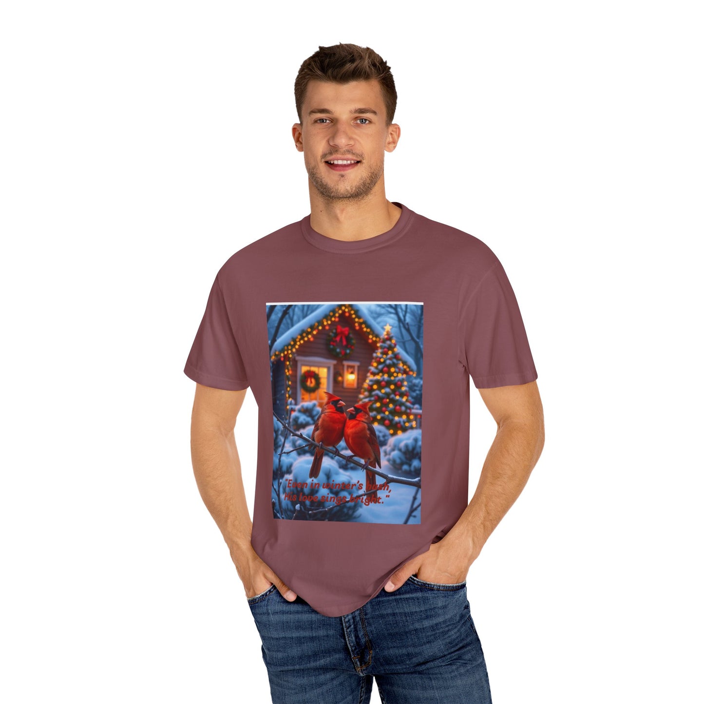Cozy Winter Cardinal T-Shirt, Holiday Apparel, Unisex Gift, Christmas Shirt, Winter Wonderland Tee, Festive Bird Design