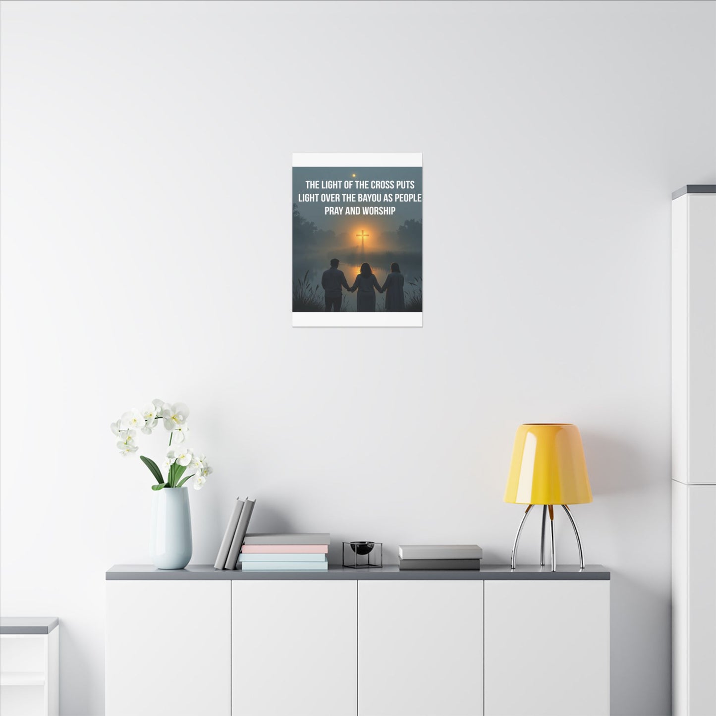 Faith Wall Art Canvas — “The Light of the Cross Puts Light Over the Bayou as People Pray and Worship”