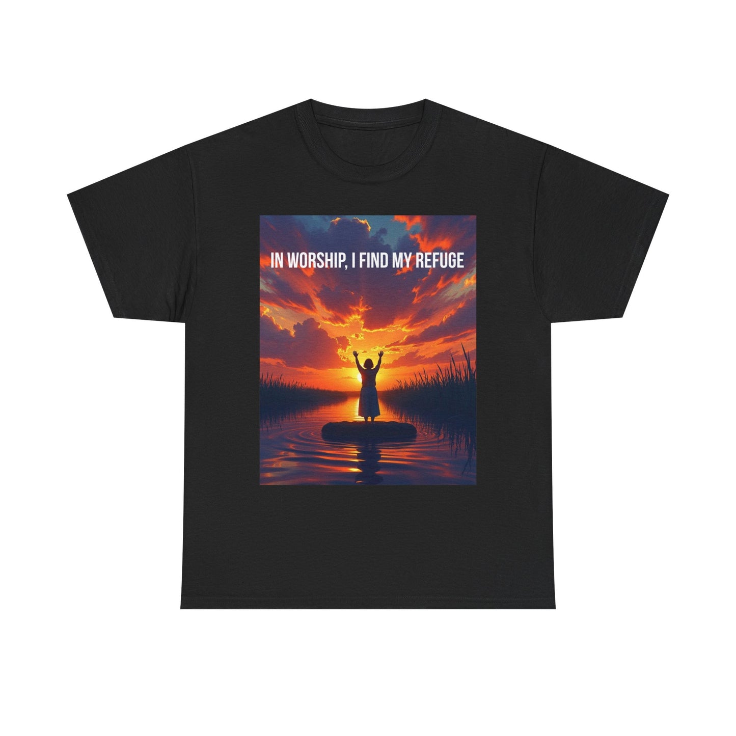 Worship Refuge T-Shirt — "In Worship, I Find My Refuge" Sunset Silhouette Christian Tee