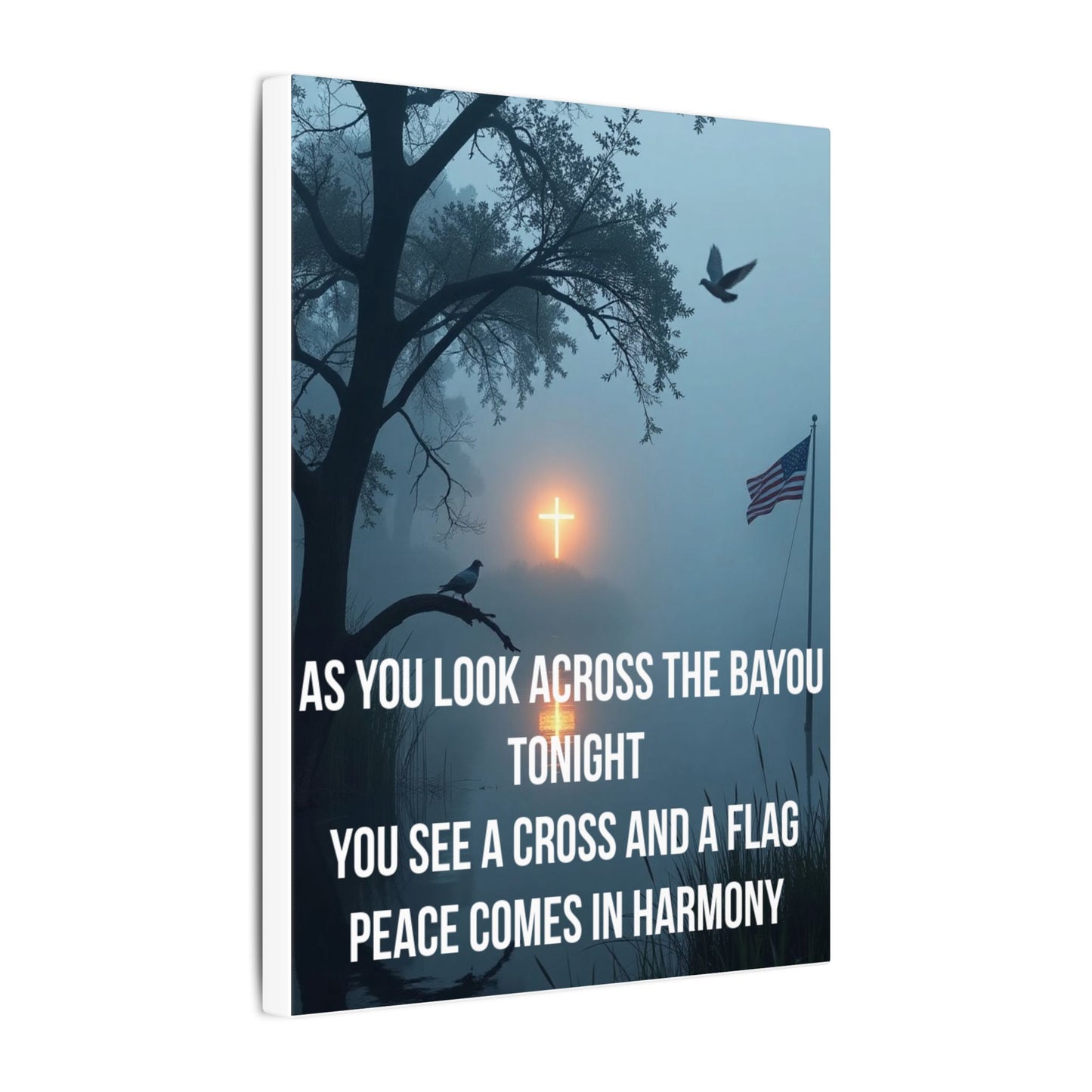 Bayou Cross & Flag Matte Canvas Wall Art – Inspirational Patriotic Christian Quote